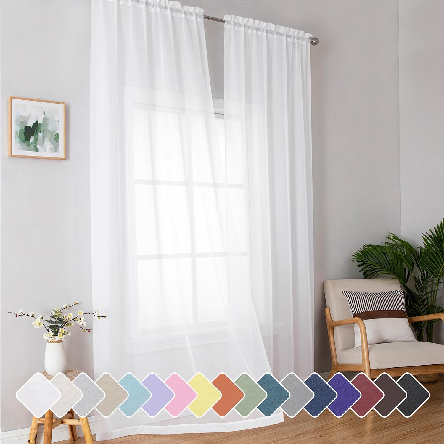 Simplebrand Sheer White Curtains 96 Inches Long, Light Filtering Rod Pocket Solid Color Window Sheer Curtain Panels, Elegant Curtains & Drapes for Living Room, Bedroom 2 Panels (White, 42″ W x 96″ L)