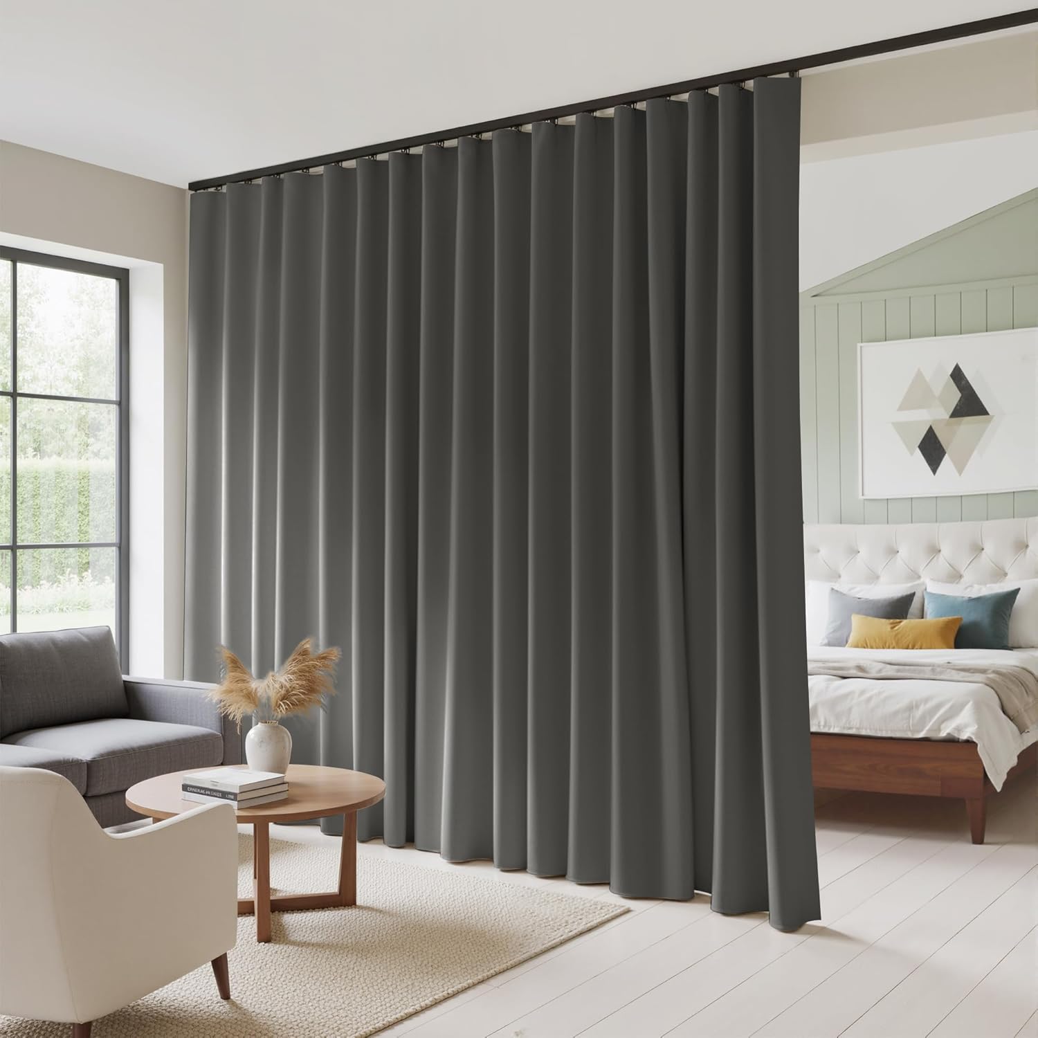 RYB HOME 100%Blackout Room Divider Curtain, Thermal Insulated&Privacy Assurd Extra Wide Curtain for Bedroom/Living Room, Thick Drape with Adjustable Hooks for Ceiling Mounted, W100xL84, Grey, 1 Panel