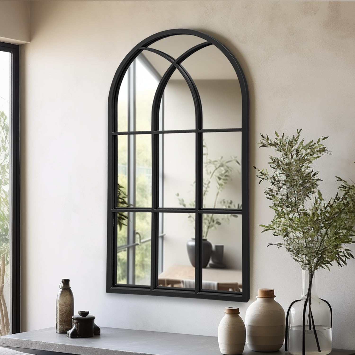 Dewfig Arched Window Wall Mirror, 42″x24″, Decorative Mirror, Vanity Mirrors for Bathroom, Bedroom, Entryway, Living Room, Window Pane or Farmhouse Mirrors for Wall Decor, Metal Frame, Black