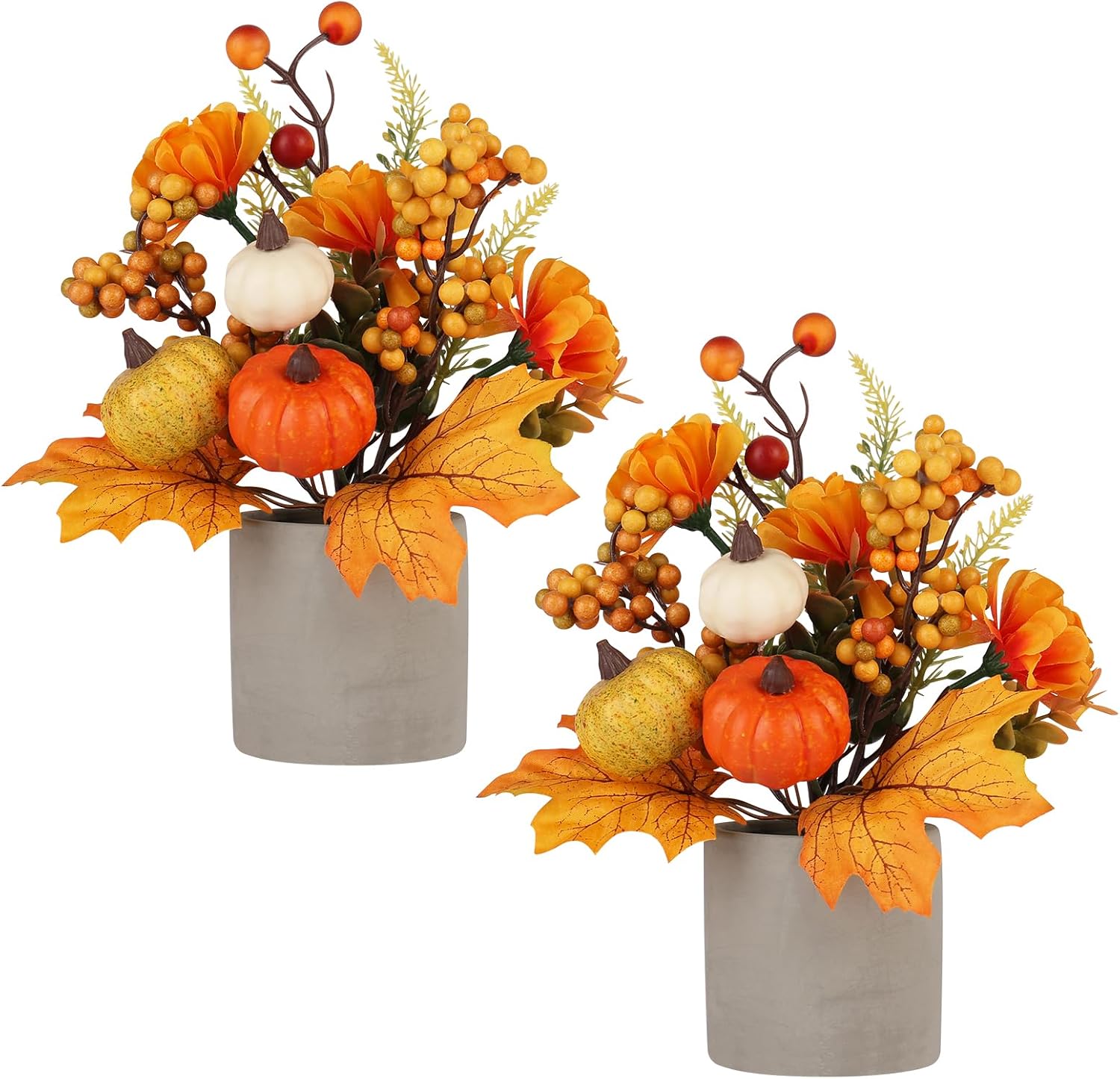 2PCS Fall Decor for Thanksgiving Autumn Home Table Fireplace Decorations | Artificial Fall Maple Leaves Pumpkin Berry Potted for Harvest Halloween Indoor Holiday Party Decorations