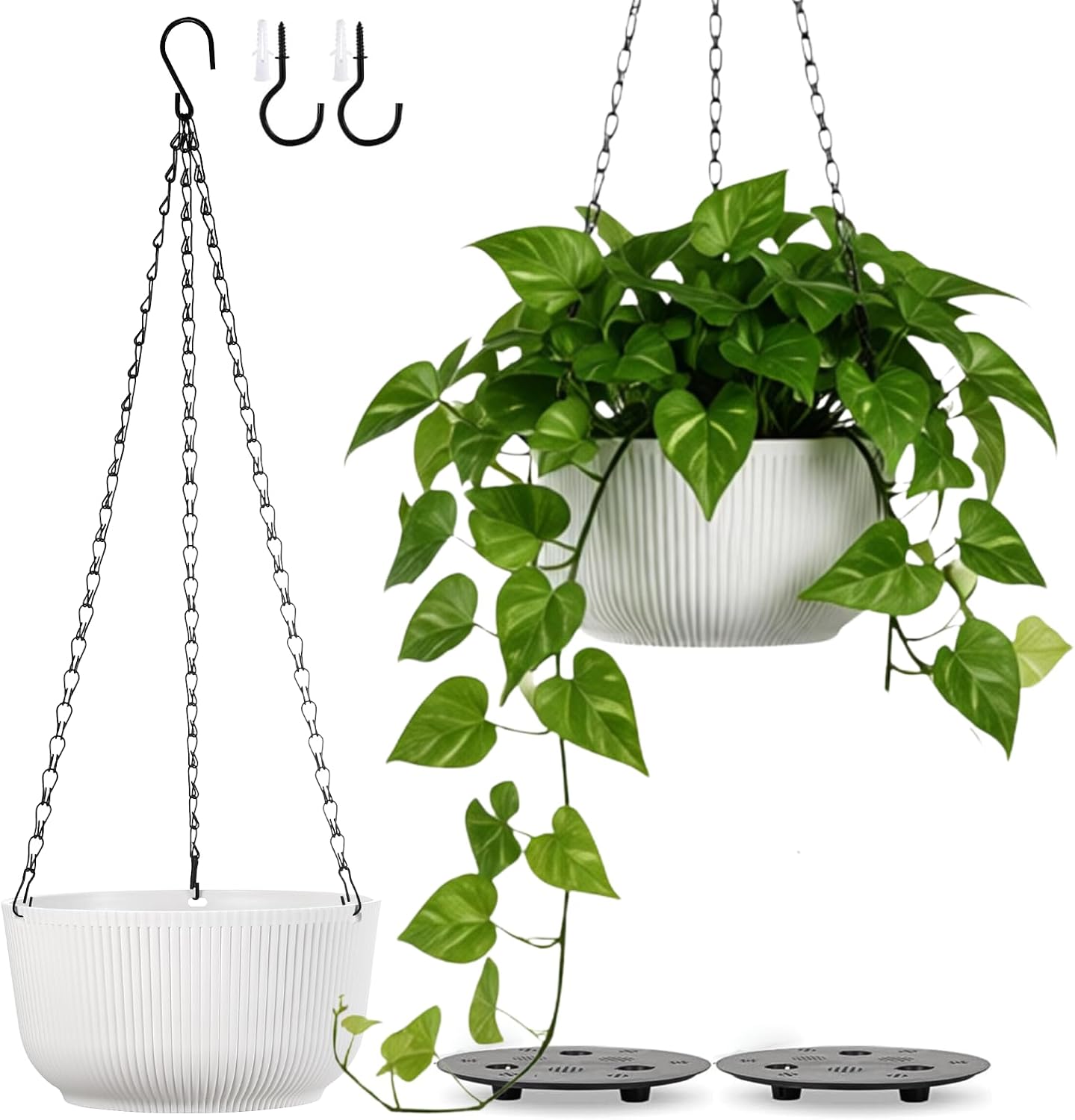 10 Inch Hanging Pots for Indoor Outdoor Plants Set of 2 | Self-Watering Hanging Planters with Internal Saucers, Drainage Holes & Plugs (Hooks)