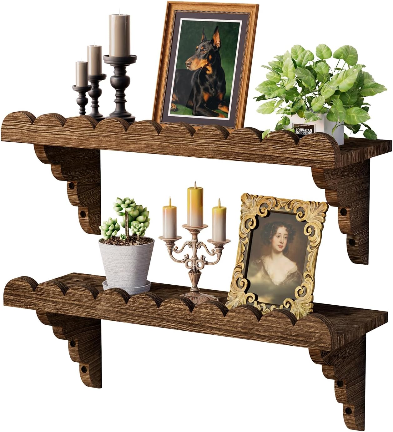 QsQueen Scalloped Wood Wall Shelf – 17 Inch Floating Shelf with Wood Brackets, Easy to Install Rustic Wall Shelf for Living Room, Bedroom, Bathroom, or Any Space