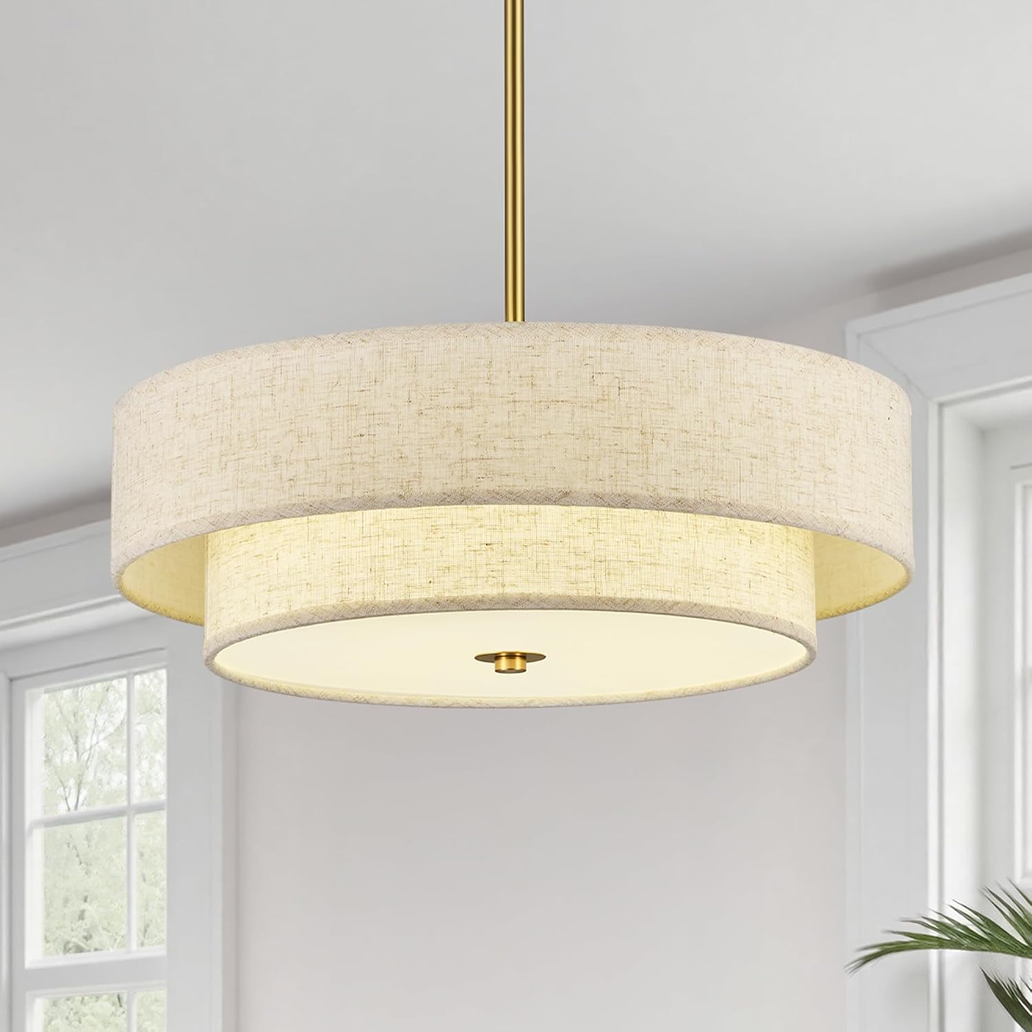 VONLUCE 18″ Modern Drum Chandelier, 4-Light 2-Tier Linen Pendant Light | Brushed Gold Finish with Adjustable Height Hanging Light Fixture for Dining Room Bedroom Living Room