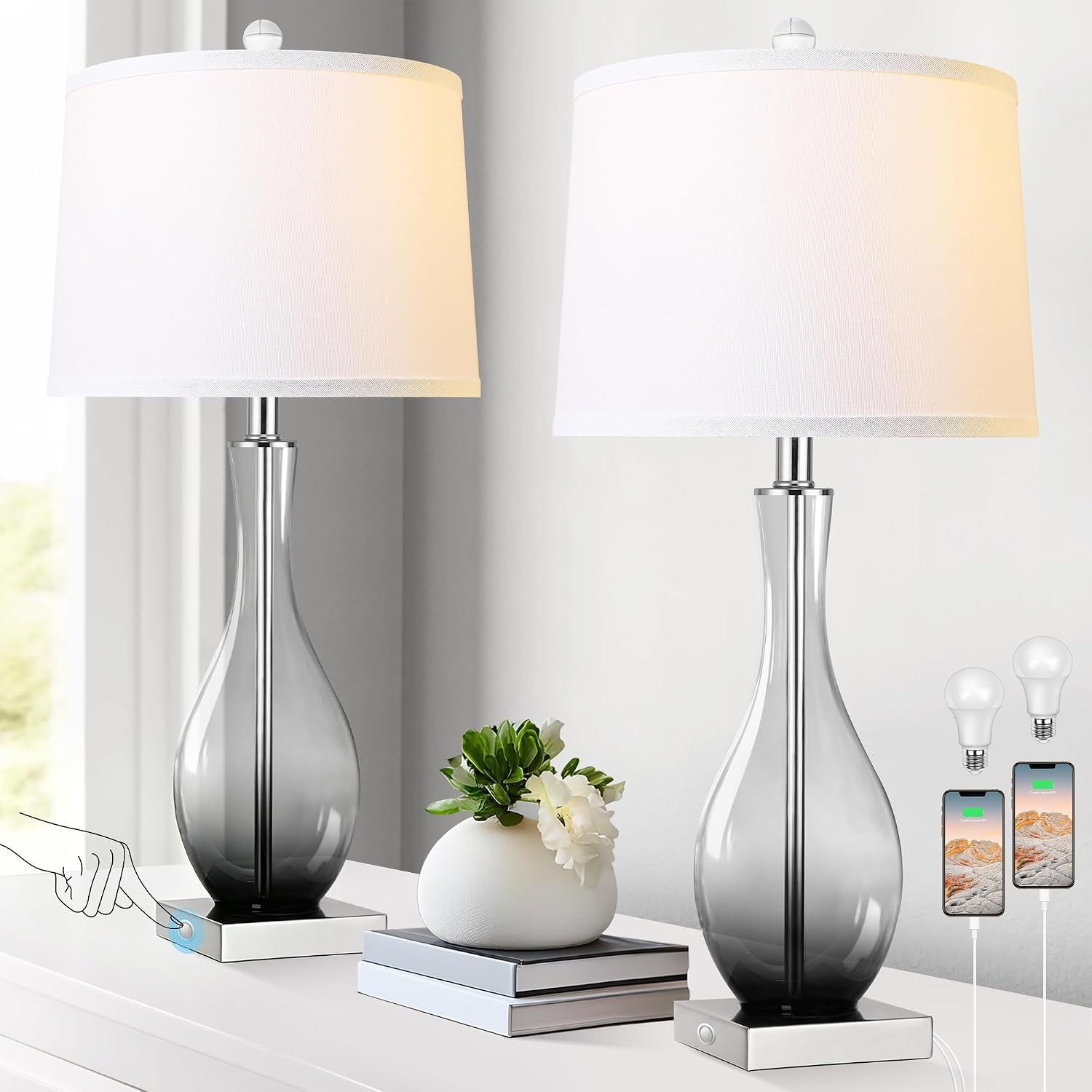27″ Glass Table Lamps with USB Ports, Touch Bedside Desk Lamps Set of 2 | 3-Way Dimmable,E26 Base, Bulbs Included, Gray Gradient Lamp Body, Modern Nightstand Lamps For Livingroom, Bedroom, Office