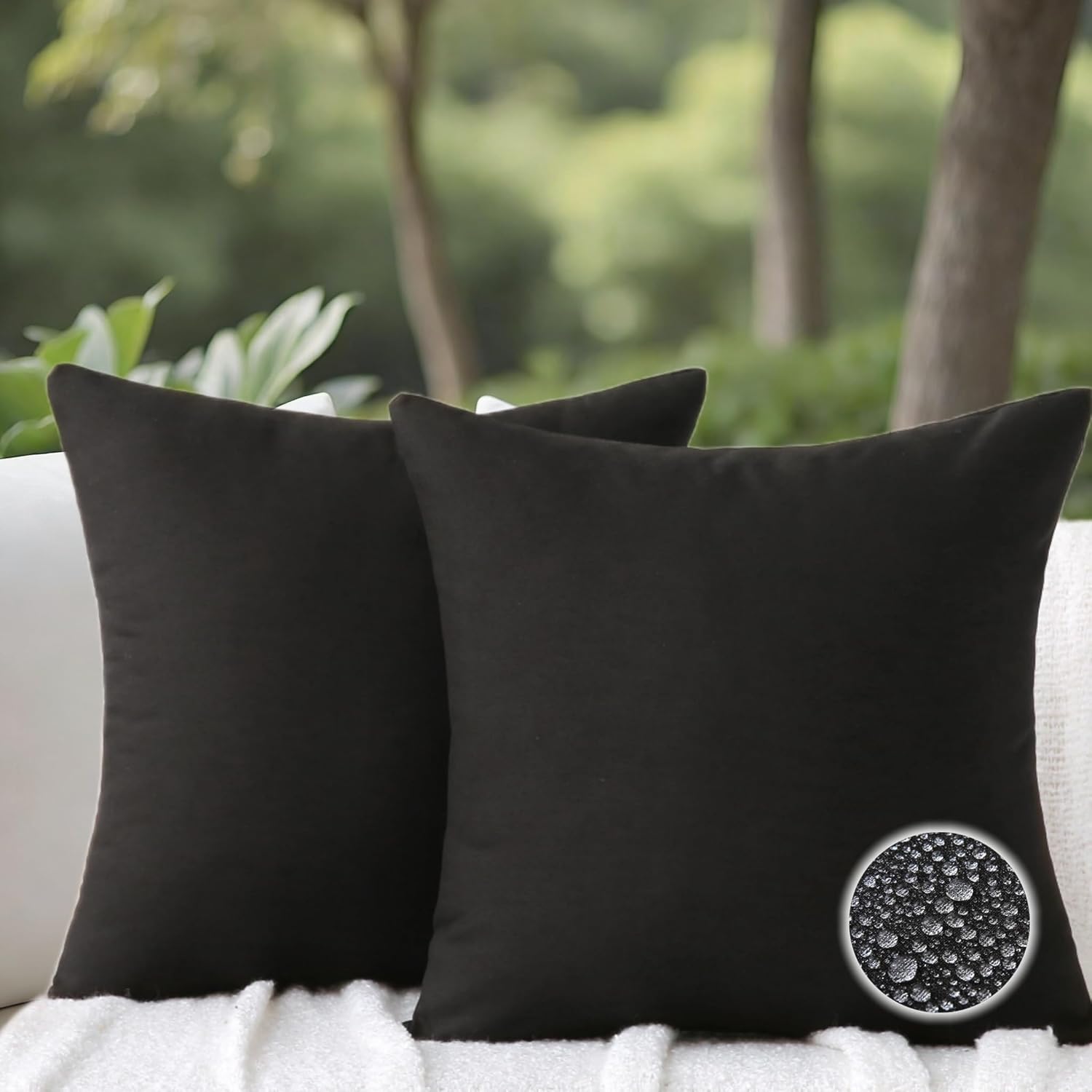 Outdoor Throw Pillows with Inserts, Waterproof Pillows for Outdoor Seating, Square Decorative Garden Cushion for Patio Furniture, Bed, Couch, Sofa(Black, 18″ x 18″ (Pack of 2))
