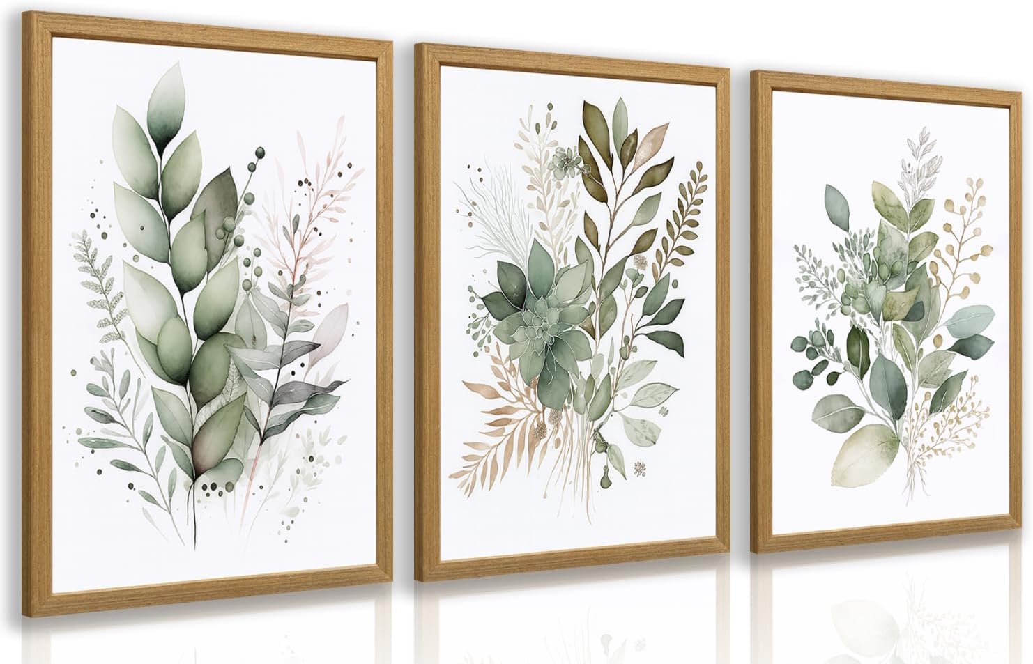 LLEEMPI Sage Green Wall Art Set of 3, Modern Watercolor Botanical Wall Decor, Eucalyptus Leaf Canvas Painting, Classic Minimalist Florals Poster Print for Bedroom Bathroom Office 12×16 Inch Framed Included (Total Size)
