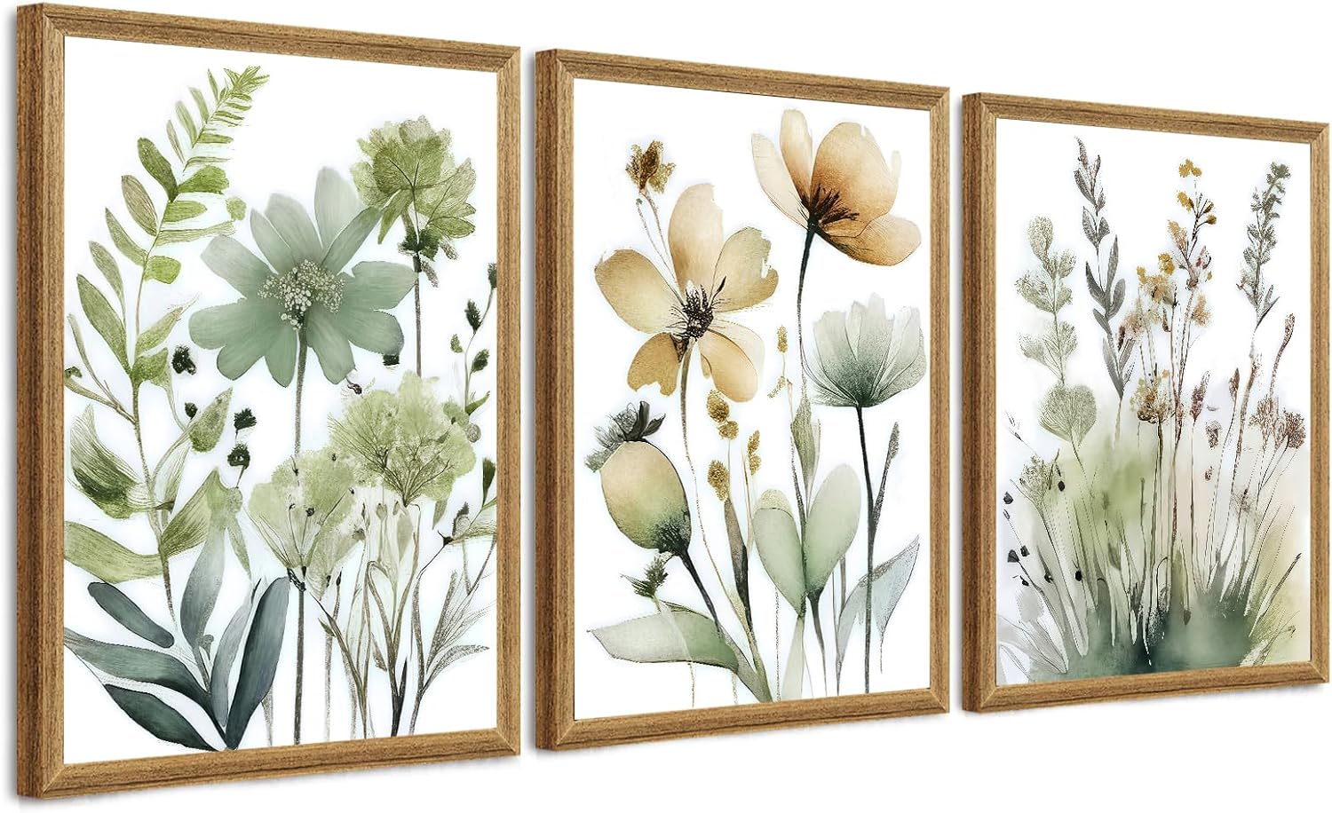SYWENNOI Triptych Watercolor Botanical Framed Cnavas Wall Art 12×16 inch x3 | Wooden frame, UV-resistant ink, Giclée printing process, Pre-installed hooks make it easy to hang home or office wall decor
