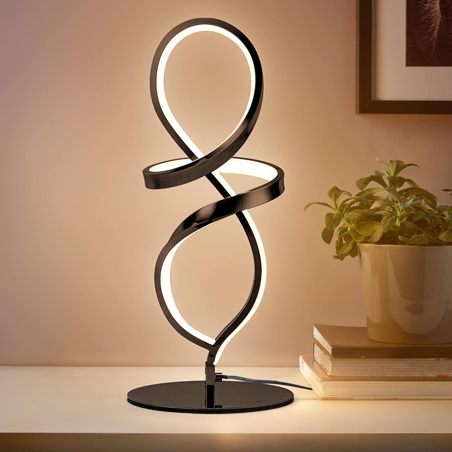 Mayful Modern Table Lamp with LED Unique Spiral Design, Small Nightstand Lamp with Stepless Dimming Switch, Black Bedside Lamps for Bedroom, Nightstand, Living Room, Office, Desk, 12W 3200K Warm White