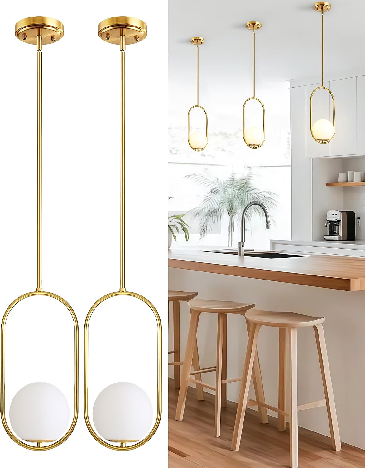 Majade Pendant Lights Kitchen Island, Mid Century Modern Pendant Light Fixtures, 2 Pack Gold Globe Glass Pendant Lighting, Brass Chandelier Adjustable Hanging Light for Dining Room Bathroom Bedroom