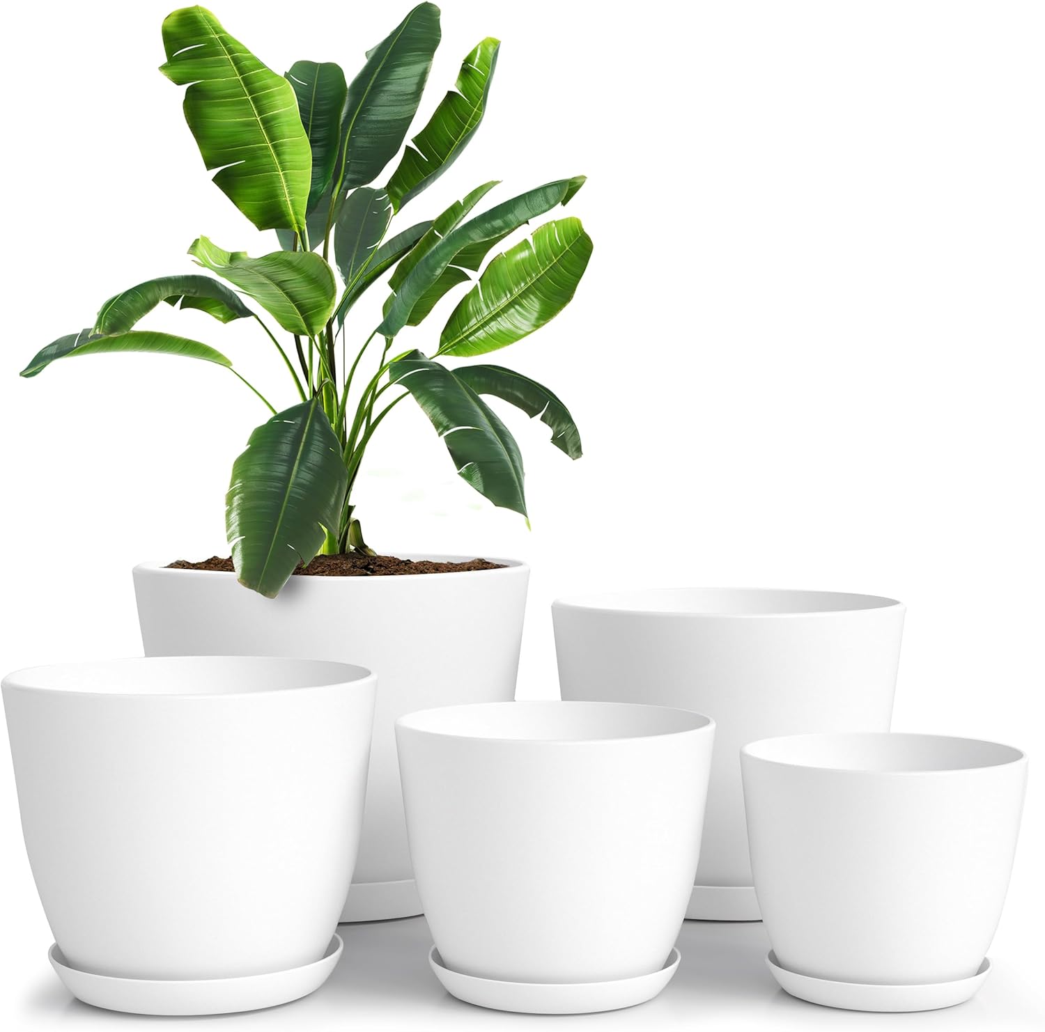 Plant Pots Indoor with Drainage, 5 Pack Multi-Size Planters Set, White | Drainage holes included Multiple sizes 7/6.6/6/5.3/4.8 In Indoor plants and flowers Durable plastic construction