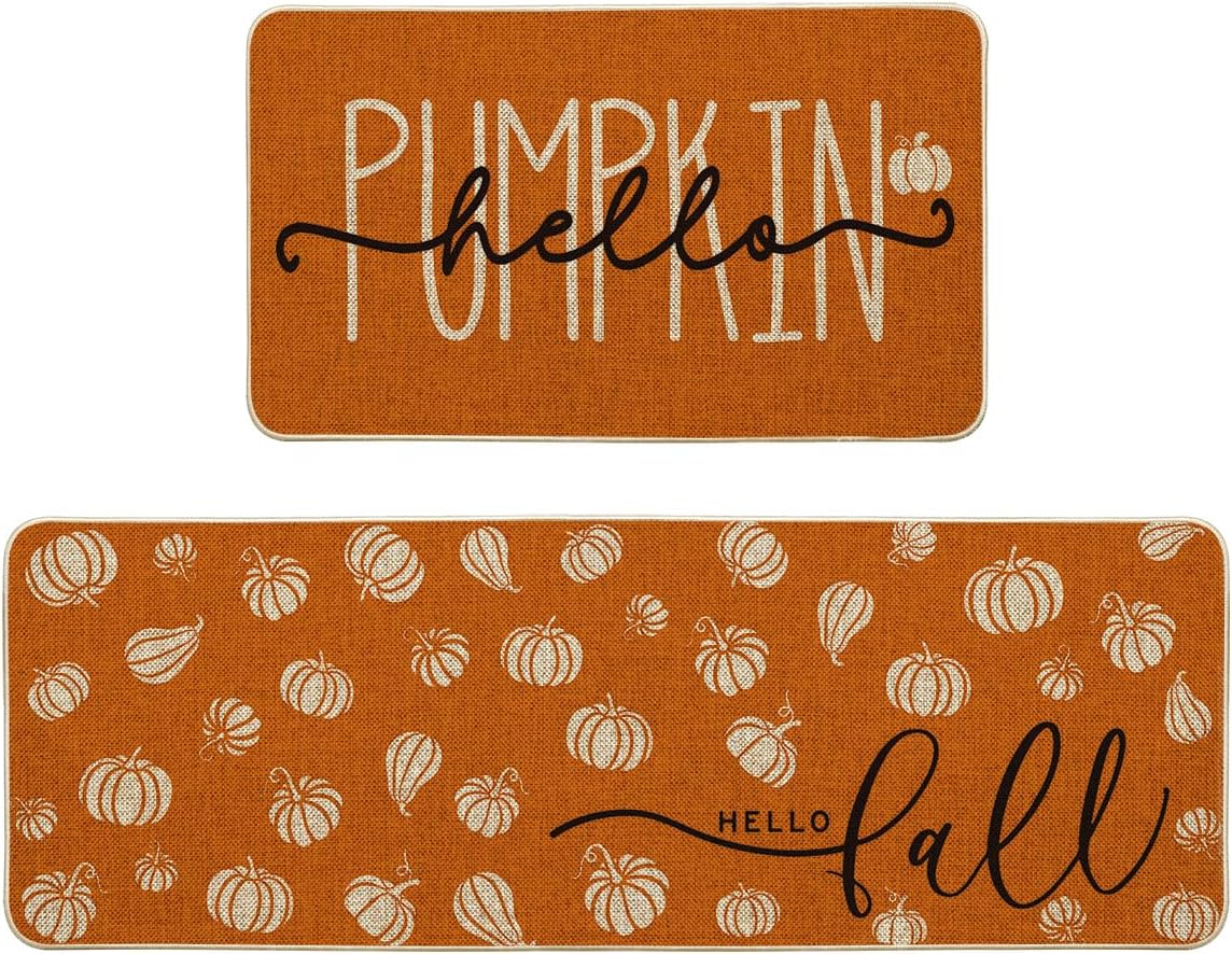 Artoid Mode Orange Hello Pumpkin Fall Kitchen Mats Set of 2 – 17×29+17×47″ | Autumn Home Decor Low-Profile Kitchen Rugs for Floor
