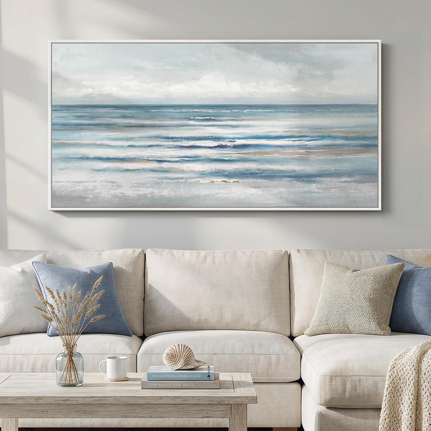 Large Framed Coastal Abstract Landscape Wall Art for Living Room, Horizontal Beach Wave Scenic Canvas Artwork for Walls, Ocean Seascape Picture Print for Dining Room Bedroom Office Wall Decor, 60×30 in