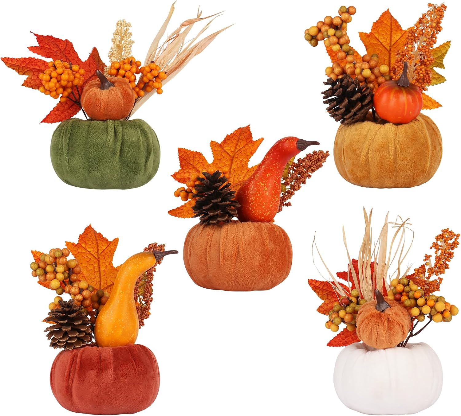 5PCS Fall Thanksgiving Pumpkins Decor for Autumn Home Indoor Decorations | Artificial Fabric Pumpkin with Maple Berry Pine Cone Vegetables Decoration for Harvest Halloween Holiday Gift