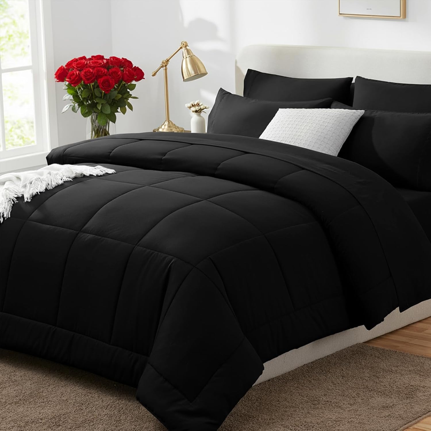 CozyLux Queen Comforter Set Black – 7 Pieces Bed in a Bag | OEKO-TEX Certified, All-Season, Bedroom, Guest Room, Down-Alternative Comforter + Flat & Fitted Sheets + 4 Pillowcases