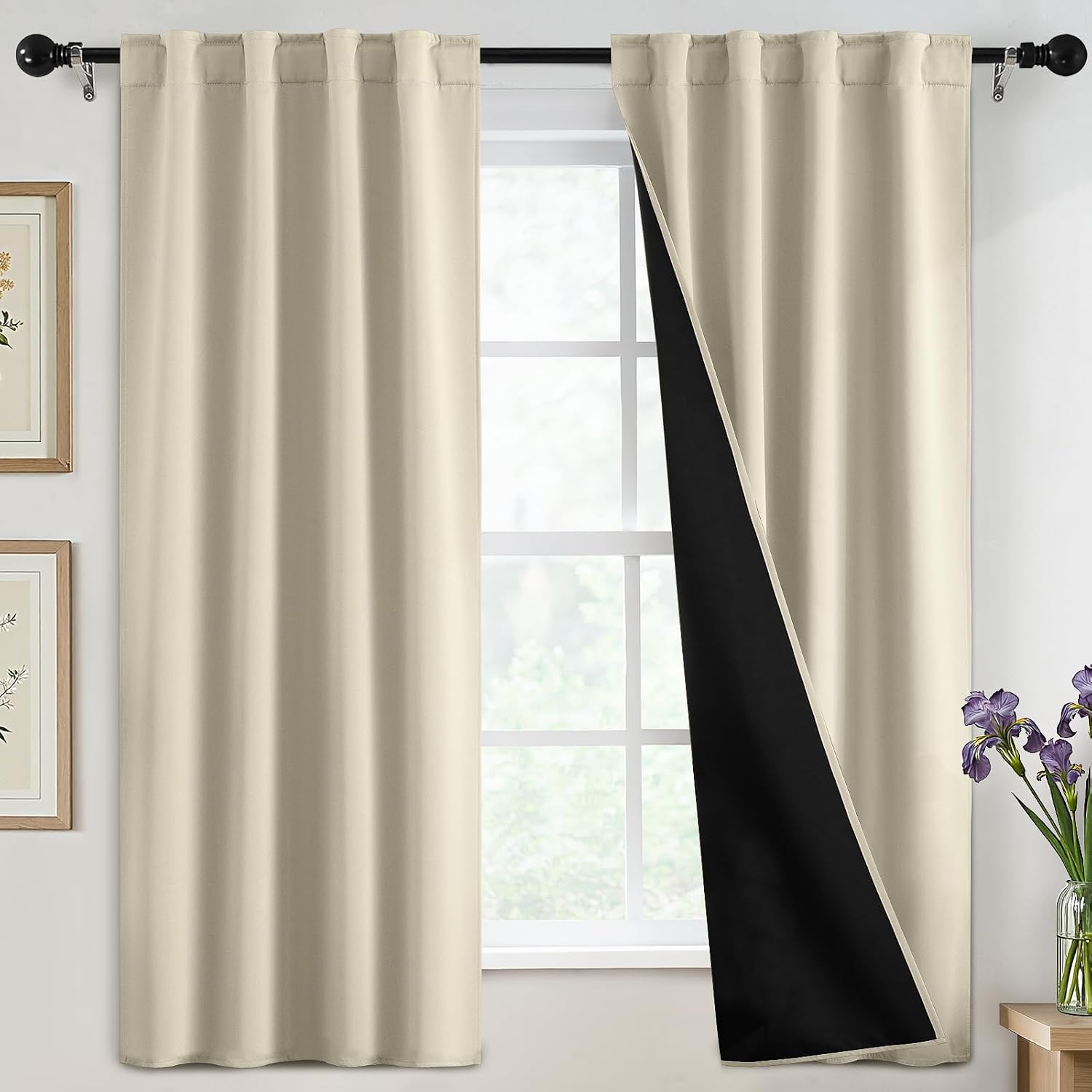 SimpleHome 100% Blackout Curtains for Bedroom,63 Inch Curtains for Living Room Rod Pocket and Back Tab Window Drapes Room Darkening Cream Curtain with Black Back,40 x 63 Inch,2 Panels