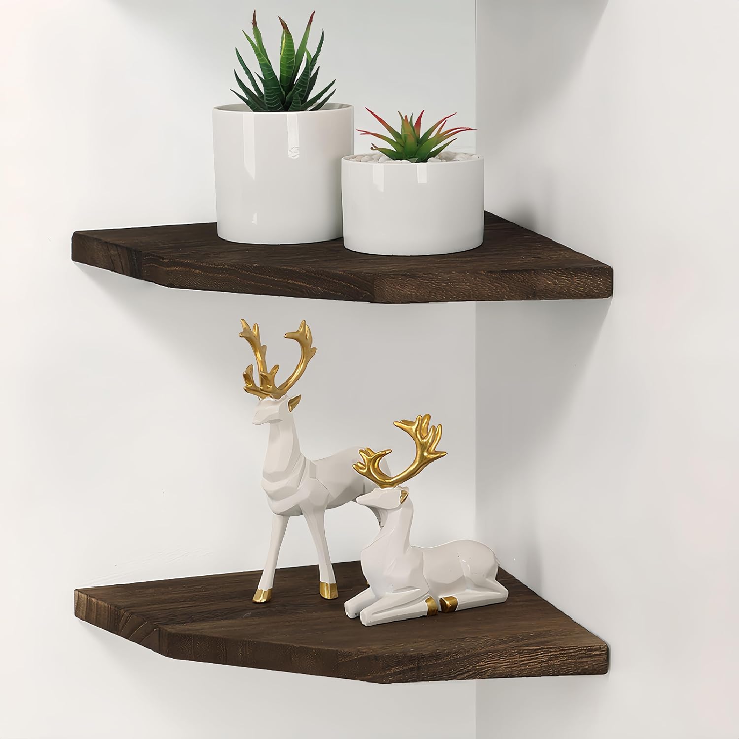 Joiishom Wood Corner Wall Shelves Set of 2, Solid Wood Corner Floating Shelves for Wall, Round End Wall Mounted Floating Corner Shelf for Bedroom, Living Room and Kitchen. (Brown-10 inch)