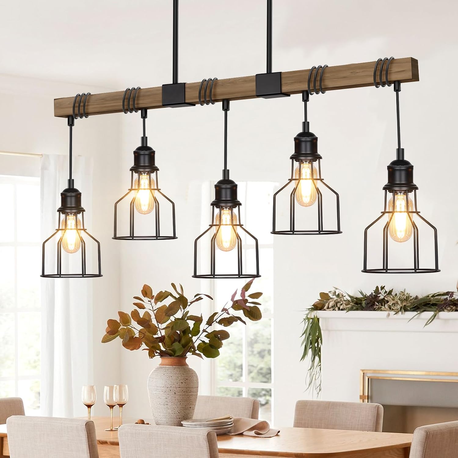 5-Light Dining Room Light Fixture Pendant Lights Kitchen Island | Solid Wood Island Lighting, Dining Chandeliers Over Table, Metal Rustic Lamp for Farmhouse Bar, 63″ Adjustable Height, E26