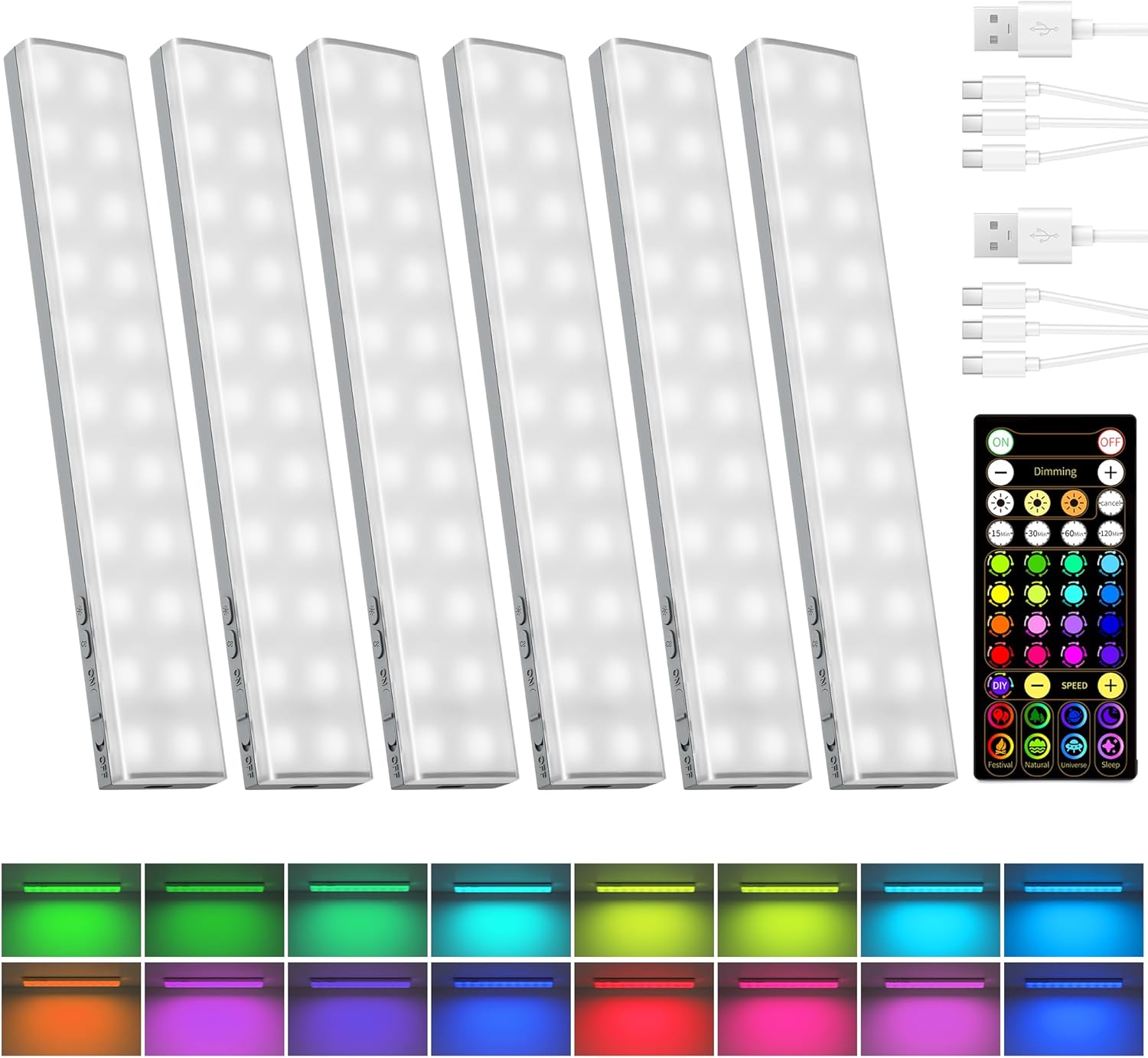 EZVALO 80RGB Color Changing Under Cabinet Lighting Wireless, 1800mAh Rechargeable Led Strip Shelf Lights, Timer & Dimmable Bar Light with Remote for Kitchen, Bedroom, Display Case, 6Pack