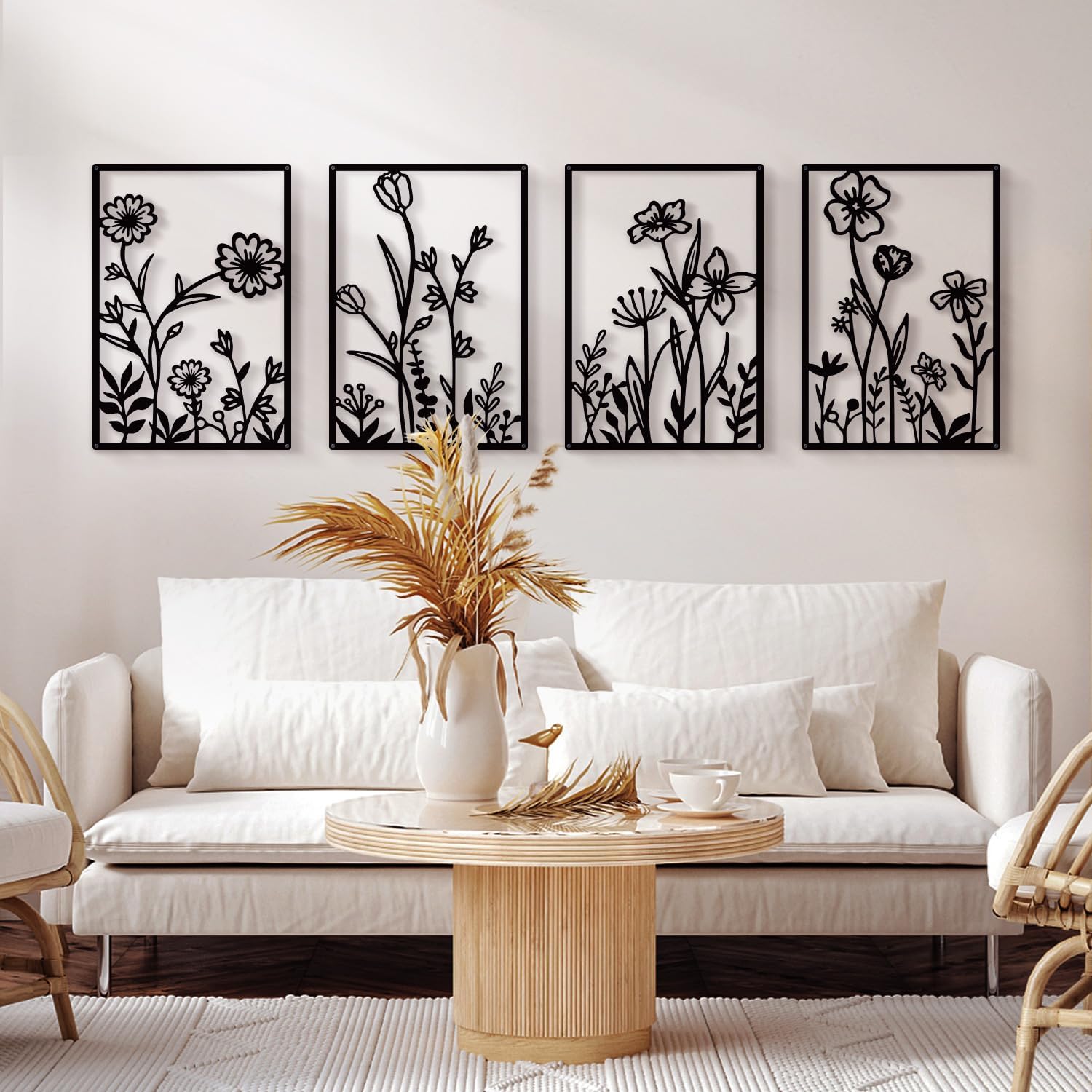 Black Metal Botanical Wall Art, Boho Farmhouse Flower Bathroom Wall Decor | 3D Minimalist Floral Line Wall Decor for Bathroom, Office, Living Room (4 Pcs, 12×17 in)