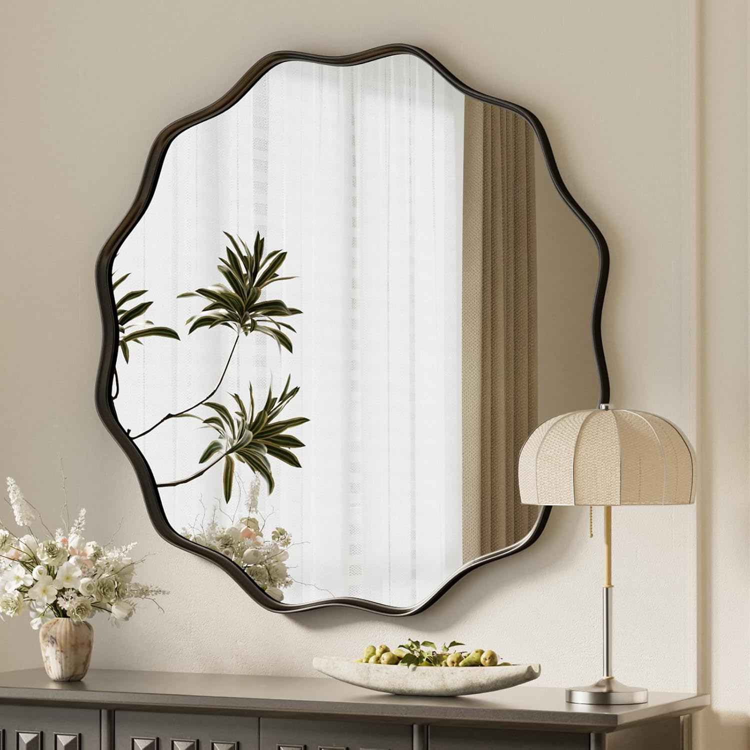 VooBang Black Scalloped Circle Mirror 30″ Wavy Edge Round Wall Mirror | Tempered Glass Textured Circular Metal Deep Frame, Hanging Leaning for Bathroom, Hallway, Entryway, Living Room