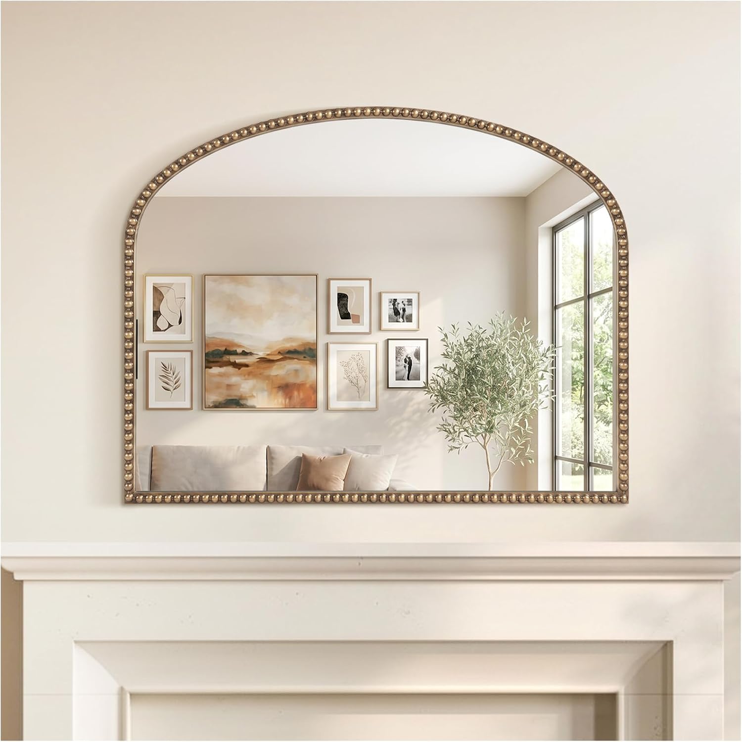 Antique Gold Arched Wall Mirror, 36″ x 28″ Beaded Mirror | Metal Beaded Frame,HD Tempered Glass,Vintage Gold Mirror for Fireplace/Bedroom/Living Room/Dresser/Mantle