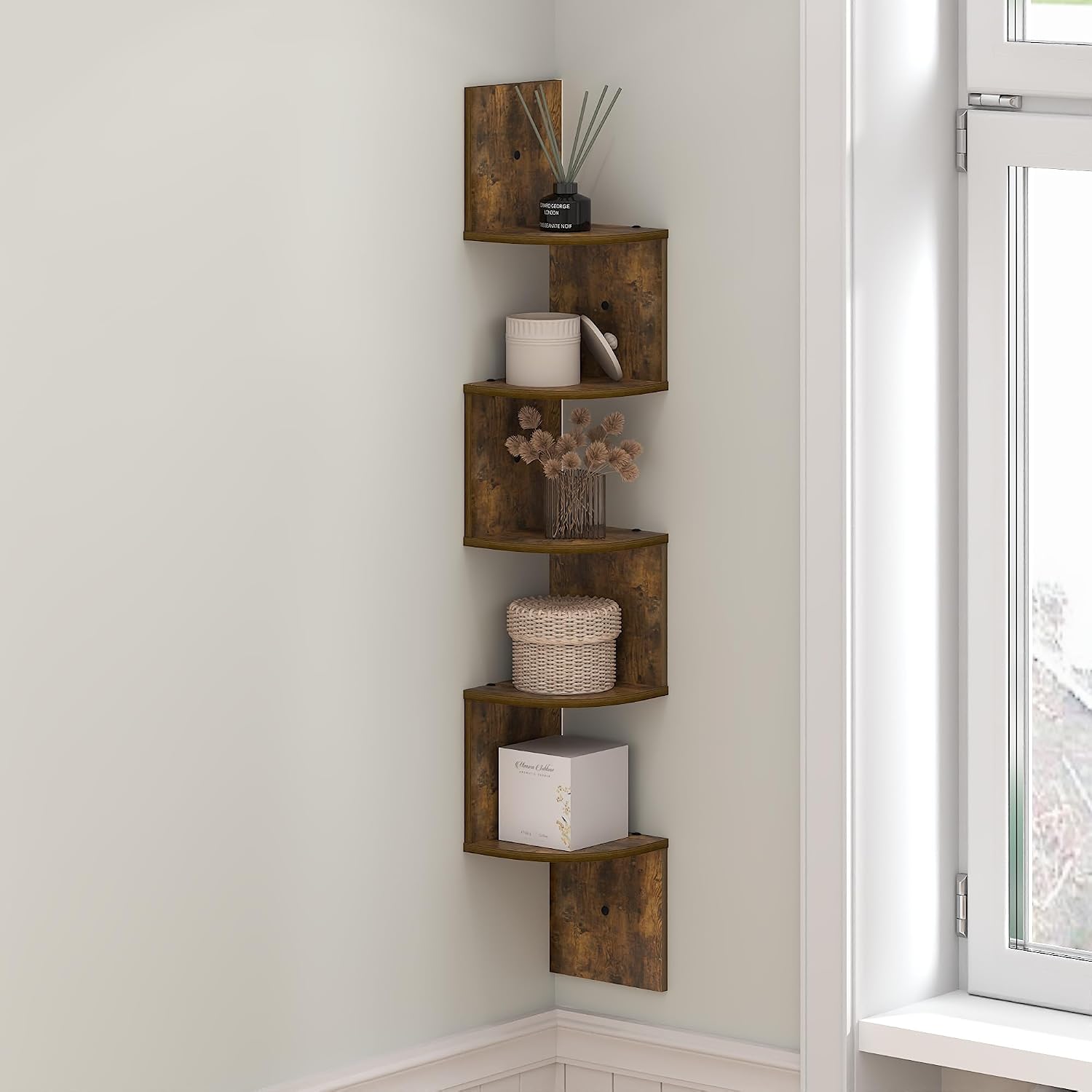 Furinno Rossi Floating Book Shelves for Wall, 5-Tier Zigzag Corner Shelf Wall Mounted, Radial Corner Floating Shelf, for Living Room, Bedroom, Bathroom, Home Office, Amber Pine