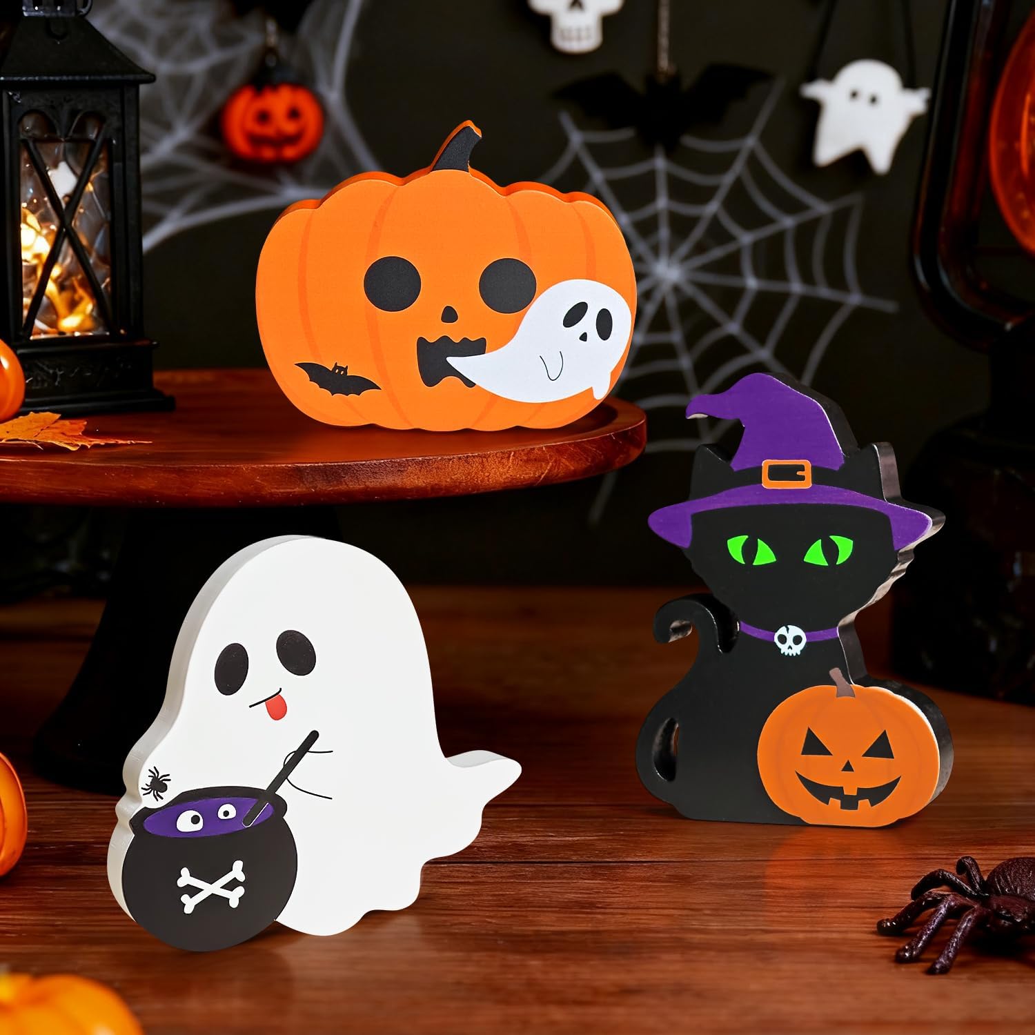 Cute Halloween Decorations Indoor, 3 PCS Wooden Ghost Pumpkin Halloween Decor for Home Table Office Desk Tiered Tray Party Shelf Display Mantle Kitchen Room Spooky Decorations