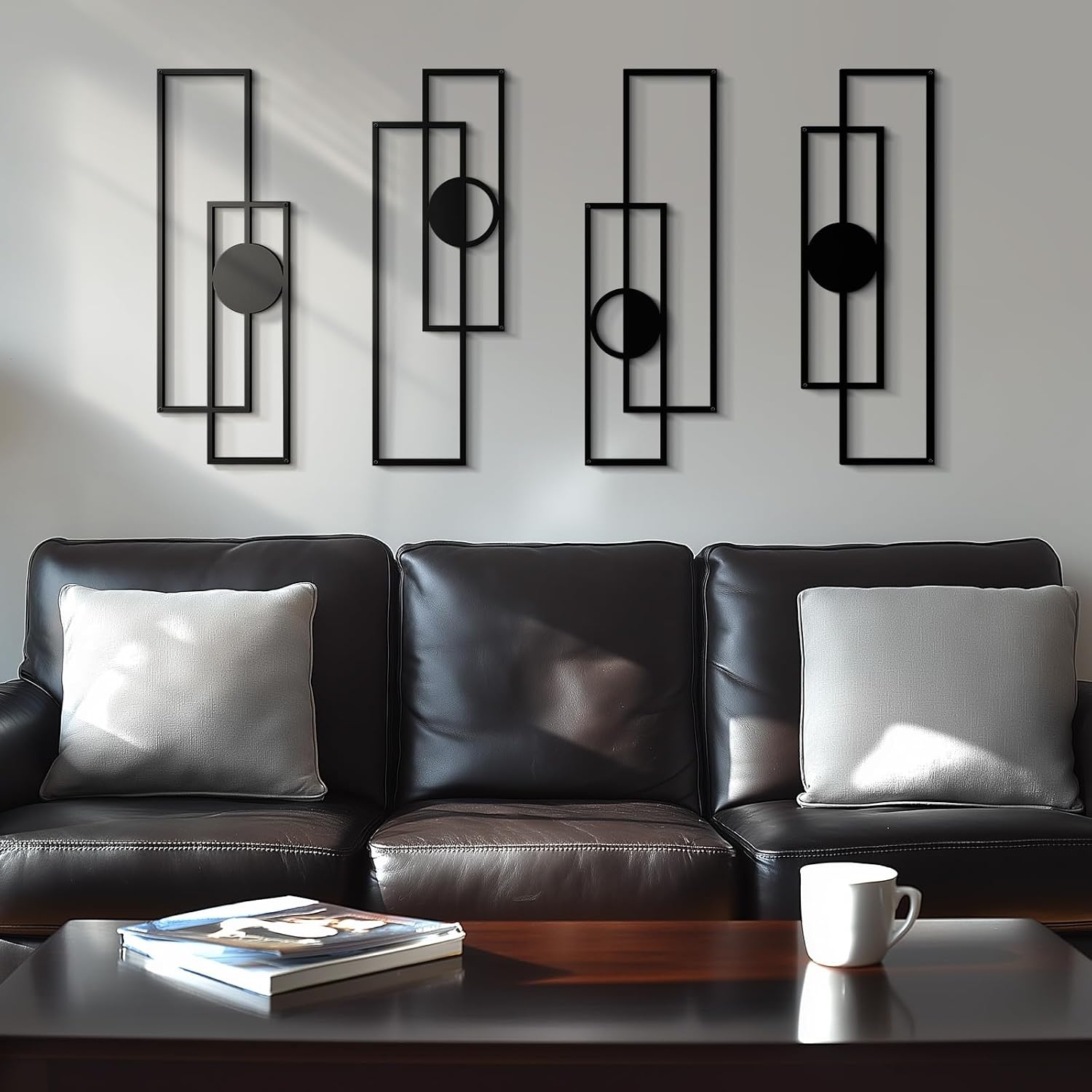 Abstract Black Metal Wall Art Set of 4, Large Modern Geometric Wall Decor with 3D Layered Design for Living Room, Bedroom, Bathroom, Hallway, Minimalist Wall Sculptures