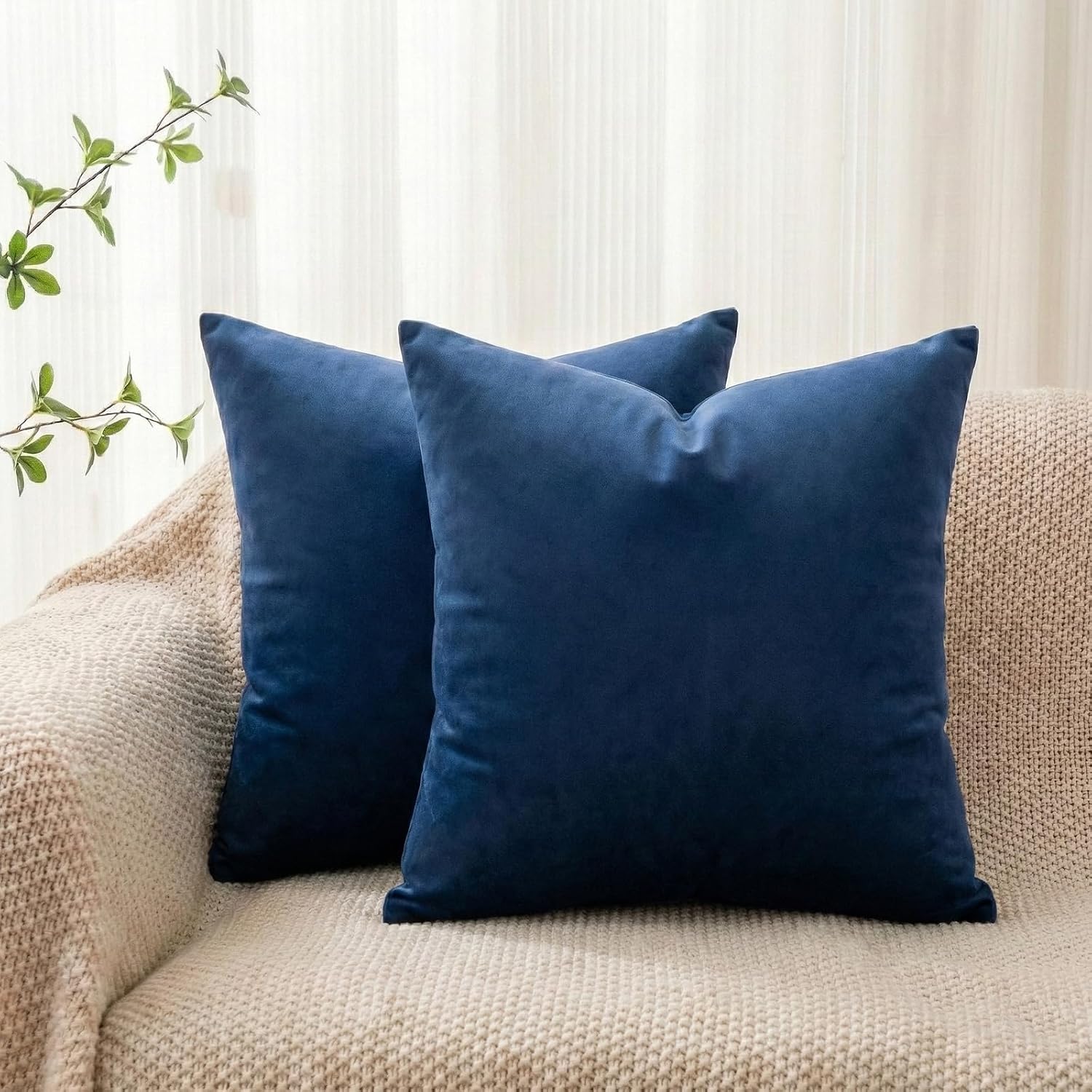 Q&J FABRIC CO. 2 Pack Velvet Decorative Throw Pillow Covers,Soft Square Cushion Case Solid 18×18 Inch Navy Blue Pillow Covers for Living Room Couch Bed Sofa Outdoor Home Decor