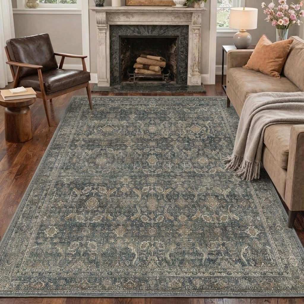 BESBLEE 8X10 Washable Area Rug for Living Room, Vintage Boho Non-Slip, Deep | Soft Low Pile Distressed Indoor Bedroom Dining Room Carpet, Faded Print Muted Tone, Vacuum Lightweight Thin Friendly