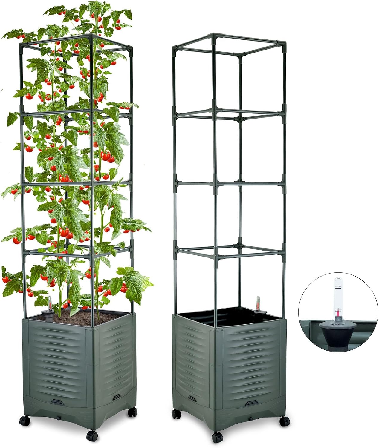Tomato Planter Pot Tomato Box Raised Garden Bed 56.5″ Tall Self-Watering and Water Indicator Planter for Tomato Outdoor Indoor Metal Trellis for Climbing Plants Large Reservoir-1 planter-not 2