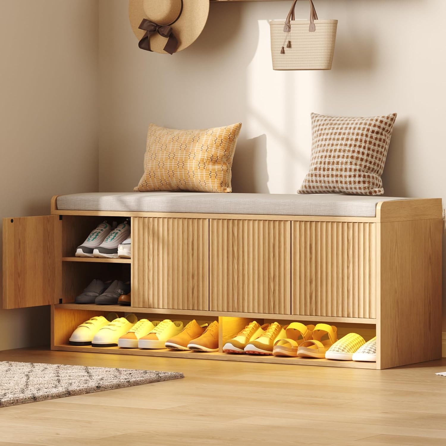 HOMEFORT 47.2″ Fluted Shoe Storage Bench, Entryway Bench with Linen Seat Cushion, Shoe Cabinet Bench with Adjustable Shelf and Built-in LED Sensor Light, Bench for Bedroom End of Bed, Natural Oak