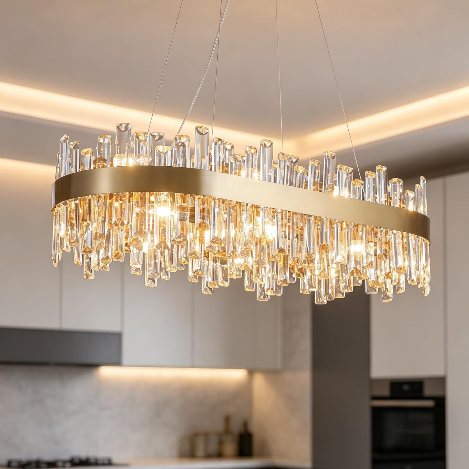 Siljoy 16-Light Modern Crystal Chandelier, Rectangular Gold 2-Tiers K9 Crystal Raindrop Chandelier, Luxury Oval Dimmable Crystal Ceiling Light for Dining Room Living Room Kitchen L35.4”