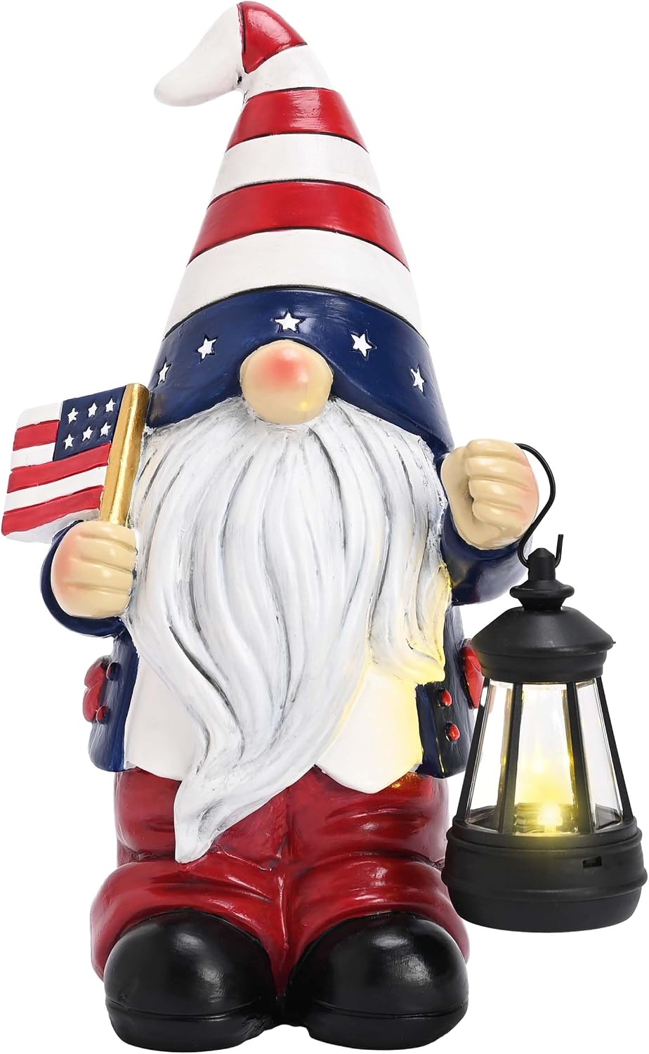 TERESA’S COLLECTIONS 4th of July Gnome Decorations with Solar Lantern, Memorial Day Decorations Resin Patriotic Garden Gnome Holding American Flag, USA 250th Anniversary Independence Day Gift 8″