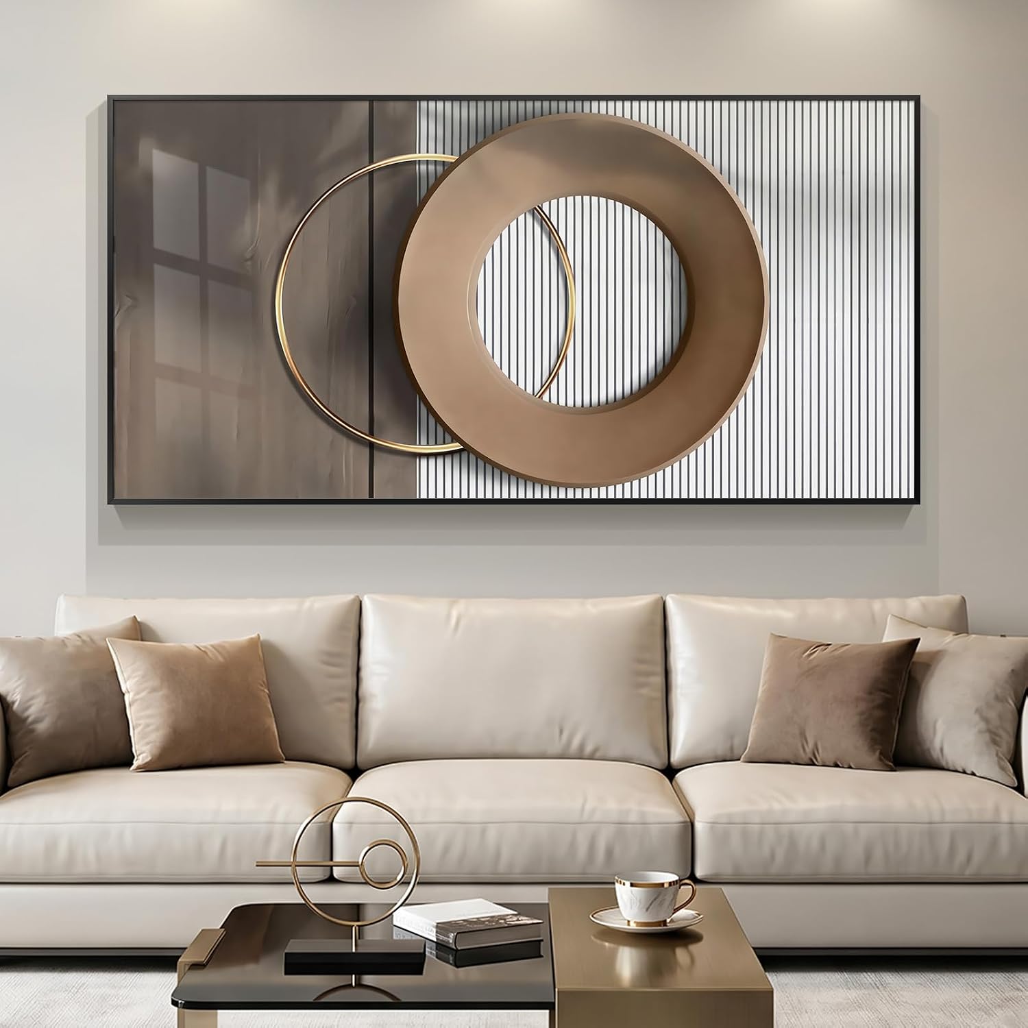 Large Horizontal Modern Wall Art for Living Room, Framed Neutral Picture Prints, Minimalist White Brown Circle Geometric Painting Artwork Decor for Bedroom Dining Room Hallway Office 56×28 Inch