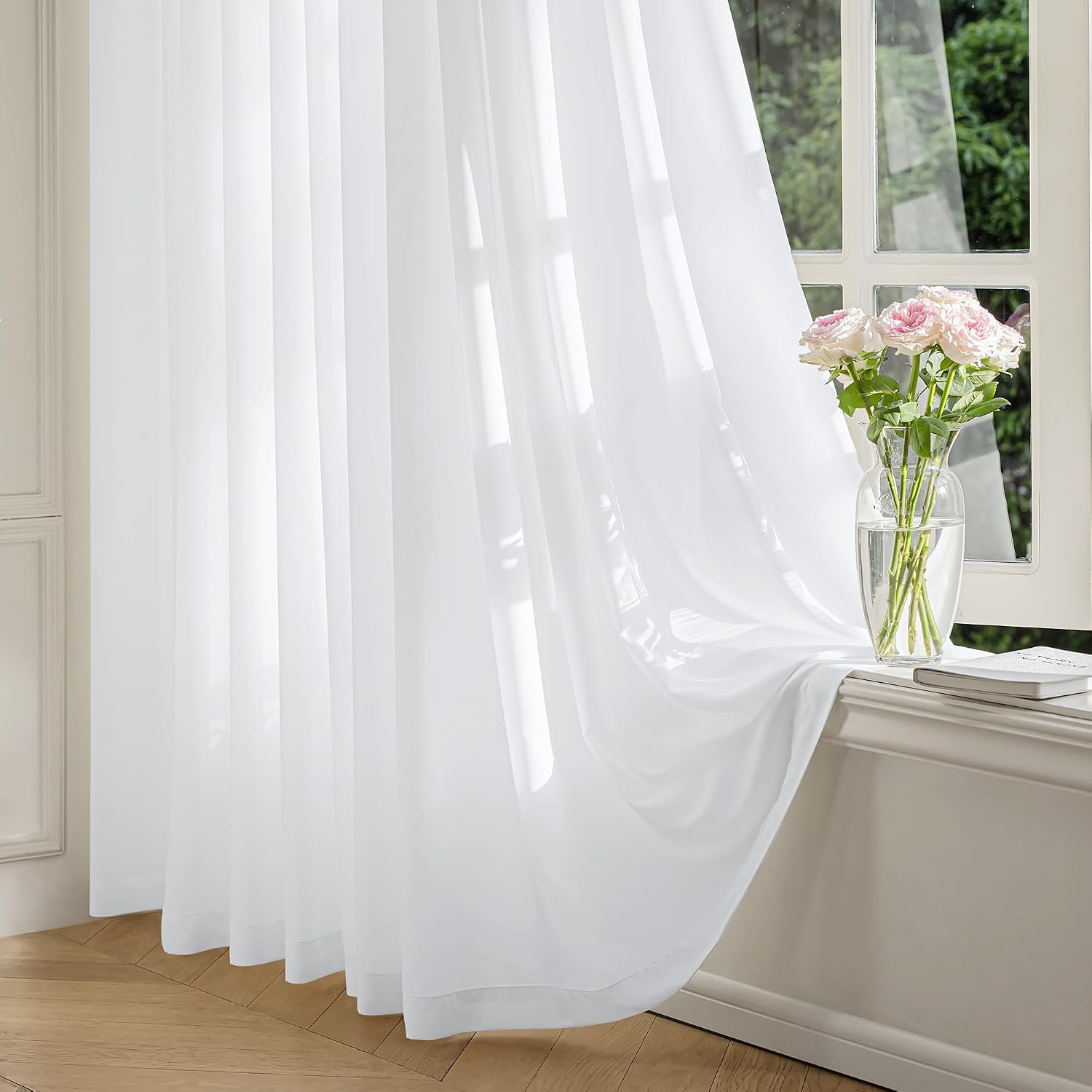 FMFUNCTEX White Faux Silk Sheer Curtains 84 Inch Long Rod Pocket 2 Panels | Semi Sheer Airy Drapes, Faux Silk That Let Light, Non-See-Through Light Filtering Curtains Privacy for Bedroom & Living Room