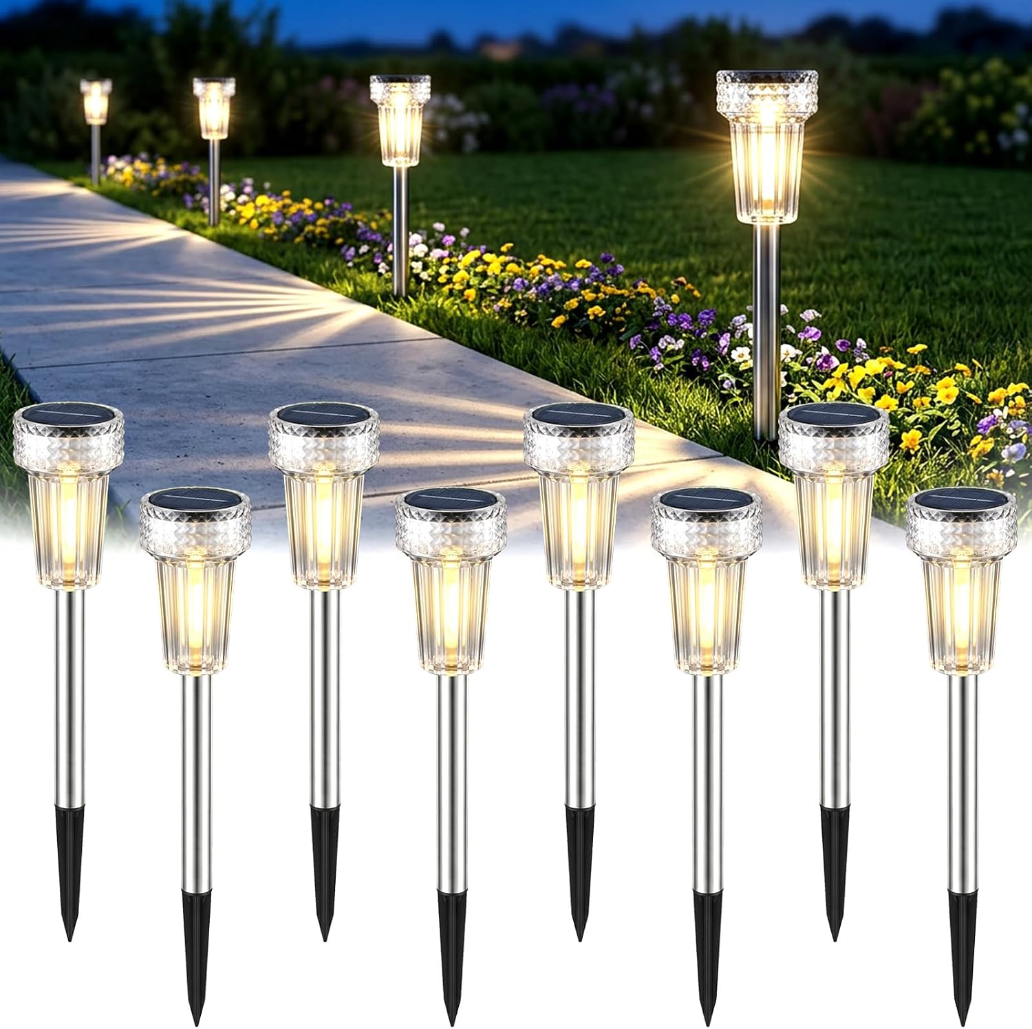 Mancra Solar Lights Outdoor Waterproof, 8 Pack Stainless Steel Tungsten Bulb Solar Pathway Lights Waterproof Garden Decor for Path Yard Lawn Walkway Driveway