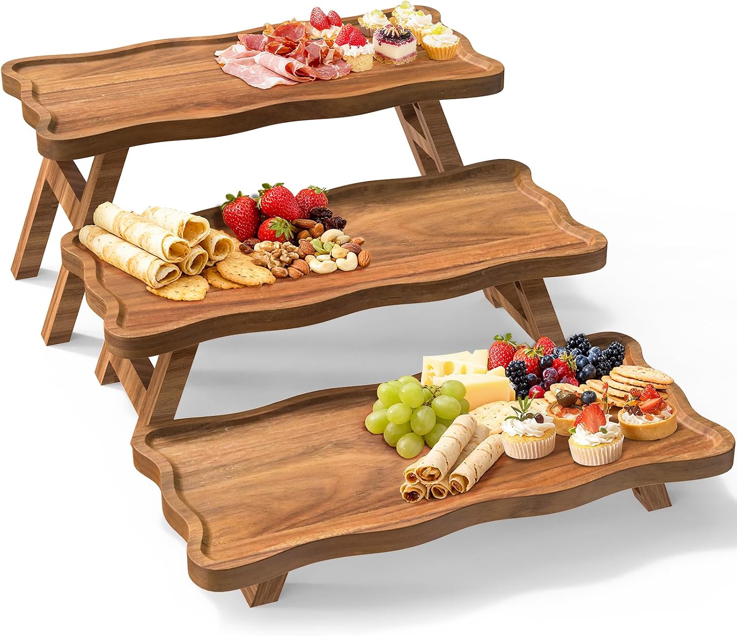Acacia Wood 3 Tier Cupcake Stand, Serving Tray for Party, Foldable Dessert Table Display Set, Tiered Tray Decor for Party, Birthday, Wedding, Christmas