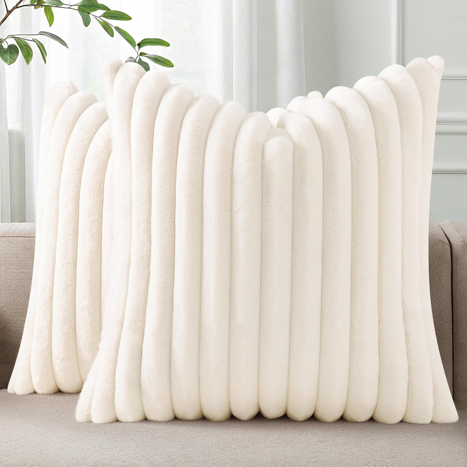 Pallene Faux Fur Decorative Throw Pillow Covers 18×18 Set of 2,Cream White | Luxury Plush Texture, Striped Design, Cozy Soft Touch, Modern Home Accent Decor for Couch, Sofa, Bed, Living Room