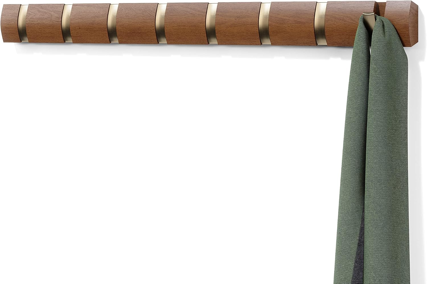 Umbra Flip Coat Rack, Wall Mount 8-Hook, Space Saving, Light Walnut/Warm Gold