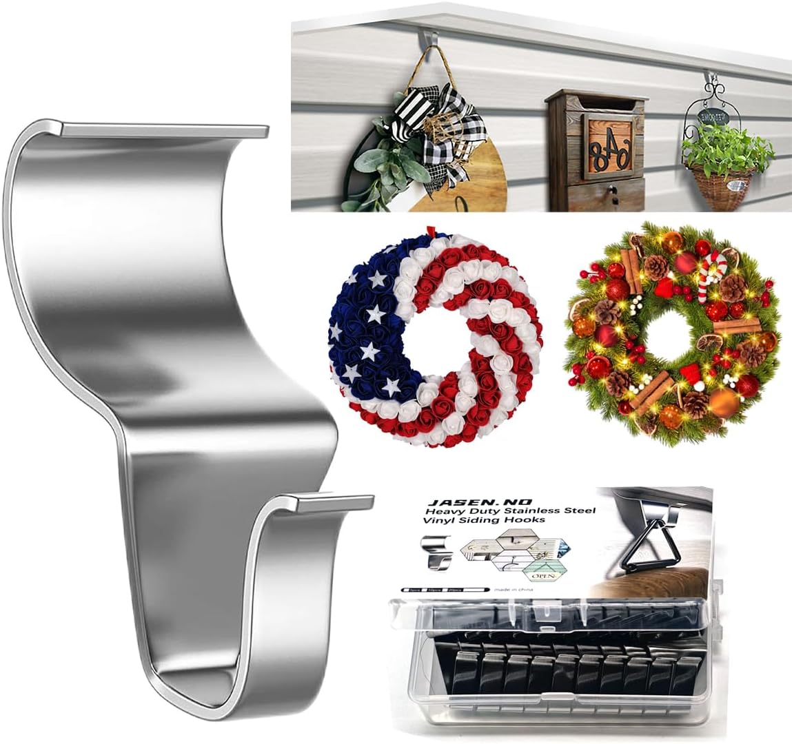 Heavy Duty Vinyl Siding Hooks for Hanging, Outdoor No-Hole Siding Hangers, Stainless Steel Siding Clips Front Door Wreath Hanger for Flags Lights Christmas Decor (10Pcs)