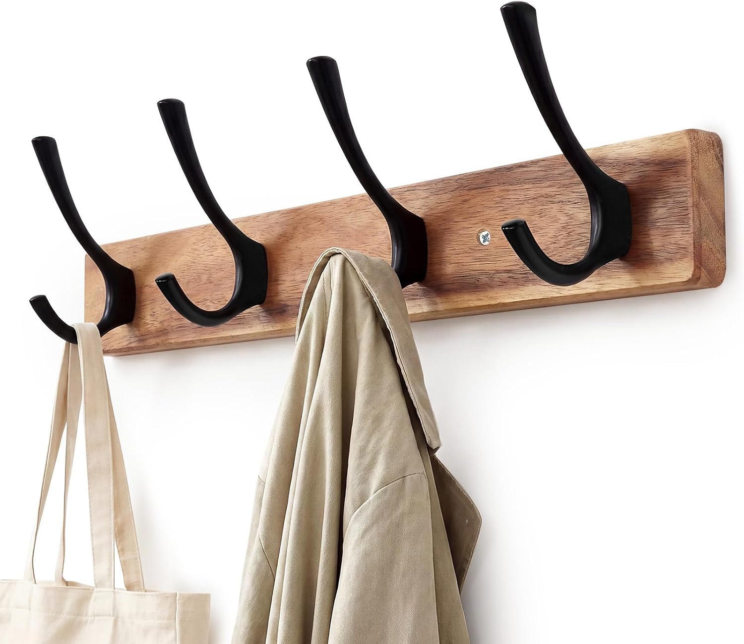 Yangbaga Coat Rack Wall Mount,Acacia Wood Coat Hooks Wall Mount,15″ Wall Coat Rack with Heavy Duty 4-Double-Hooks,Hat Rack Wall Coat Hanger for Towel/Dog’s Leashes/Coat/Bag