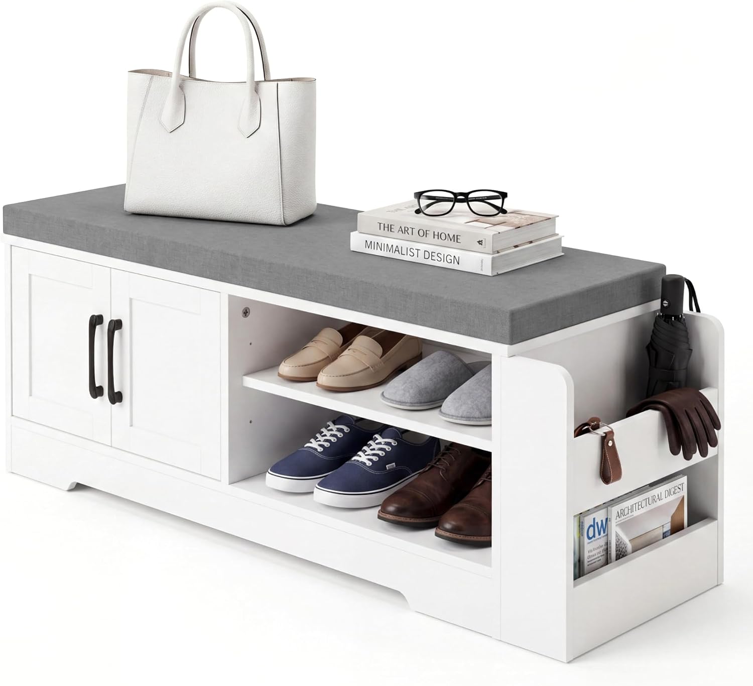 GRUSIGN 39.6″ Shoe Storage Bench with Cushion, Entryway Shoe Cabinet, White | 3-in-1 Shoe Storage Bench, Adjustable Shelves, Removable Cushion, 300 lbs Capacity, Entryway, Apartment, Families