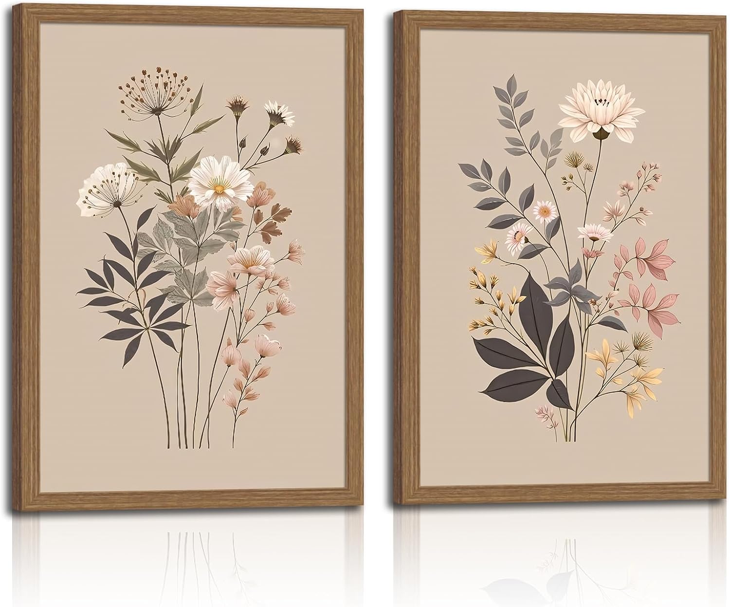 2pcs Framed Botanical Canvas Prints – Neutral Floral Wall Art With Wildflowers – Minimalist Nature Posters For Living Room, Bedroom, Office Decor -Modern Flower Picture 12x16in