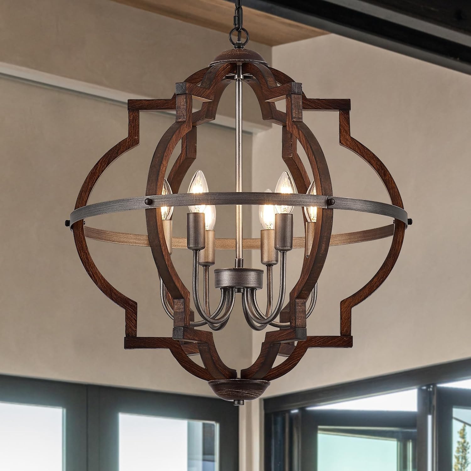 6-Light Wood Farmhouse Chandelier for Dining Room Hallway | Vintage Rustic, 23” Globe Pendant Light Fixtures, Oak Brown ,Entryway Foyer Kitchen Living Room Bedroom
