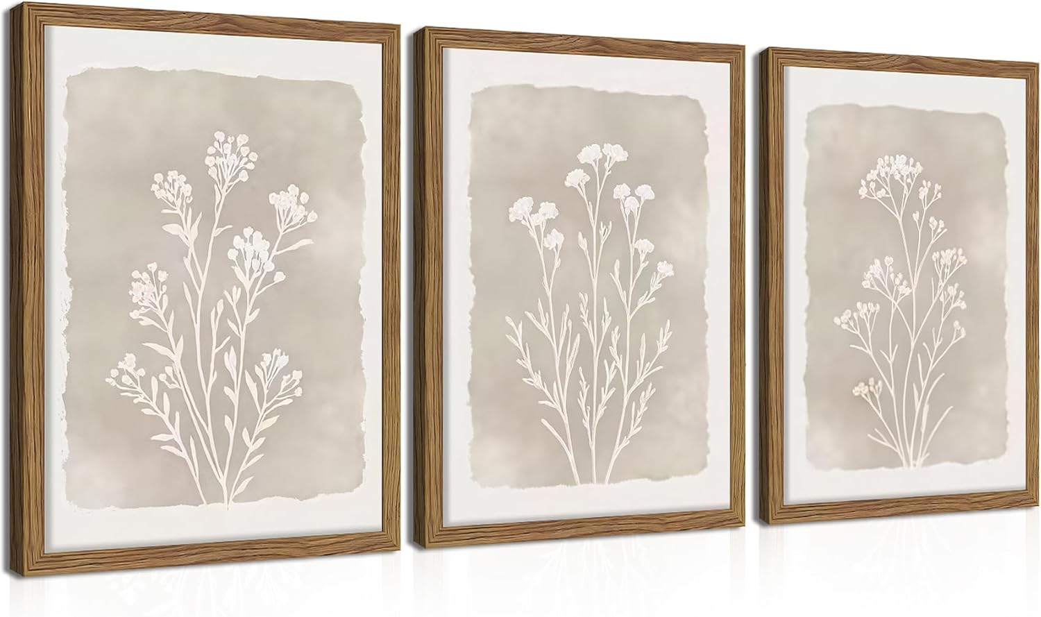 Framed Boho Botanical Flower Wall Art Set of 3, Vintage Minimalist Neutral Floral Wall Decor Paintings, Rustic Farmhouse Wildflower Artwork Prints Picture for Living Room Bedroom Bathroom 12×16 Inch