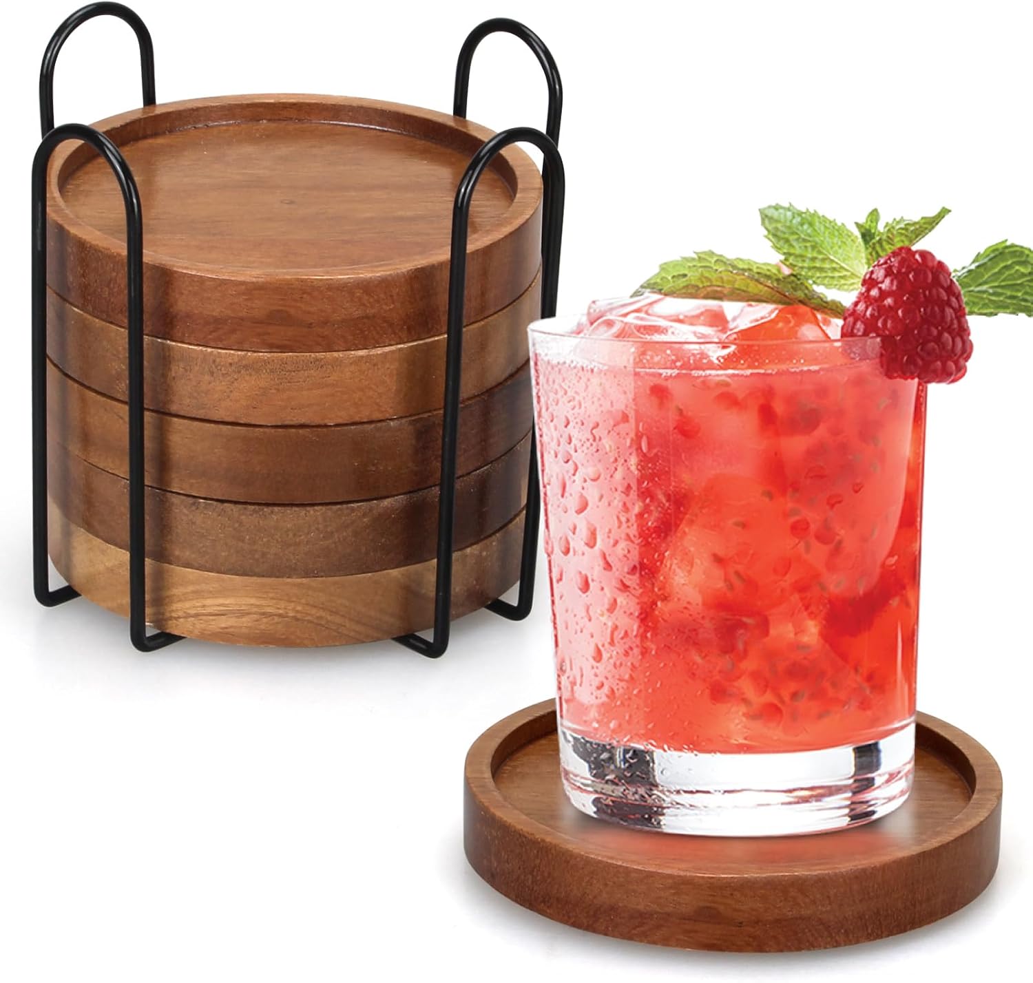 Wooden Coaster Set of 6 Coffee Table Decor Bar Cup Drink Coasters Holder | Acacia Wood Coaster Coffee Bar Accessories Kitchen and Dining Room Outdoor Costers Modern Cute Beer Rustic Farmhouse Decor