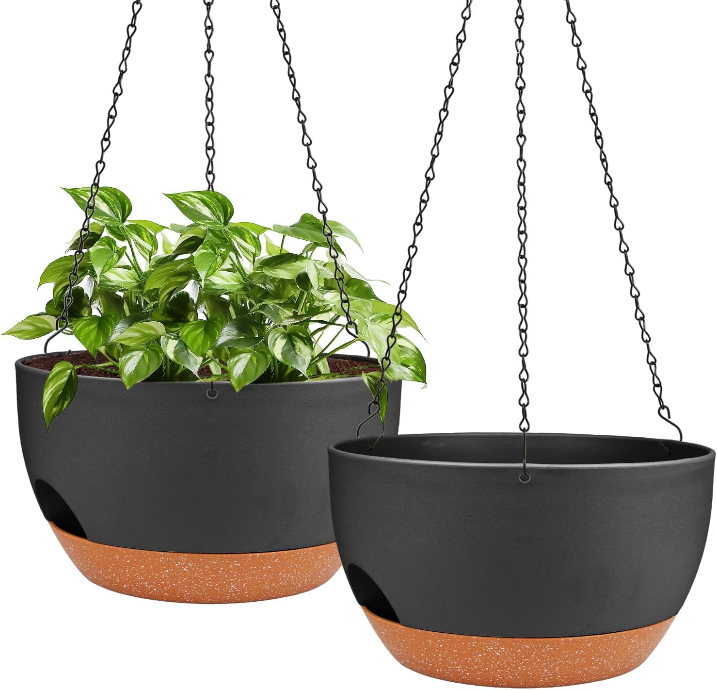 12 Inch Self Watering Hanging Planters with Removable Reservoir, 2 Pack | Drainage Holes, Metal Chain, for Indoor/Outdoor Plants, Patio,Balcony & Garden