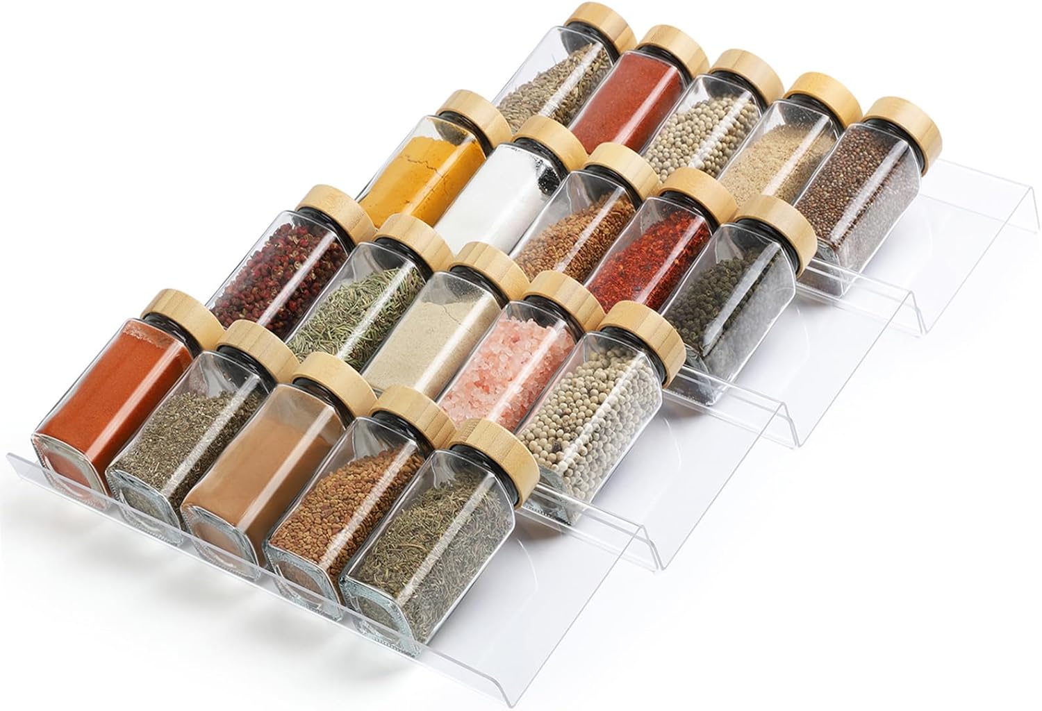 Spice Drawer Organizer 4 Tier, Acrylic Seasoning Organizer Rack, Small | Clear Spice Rack Tray, Kitchen Seasoning Jars Drawers Insert (Jars Not Included/ Expandable From 9″ to 18″)