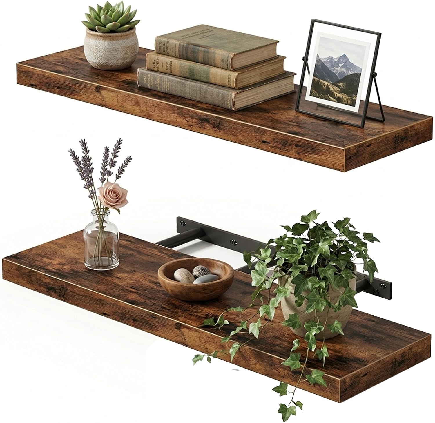 Fixwal Floating Wall Shelves for Decor (Rustic Brown, Set of 2, 22Inch) | MDF Shelf with Metal Brackets, Space Saving for Books , Decor, Fits Bathroom, Kitchen, Bedroom, or Office